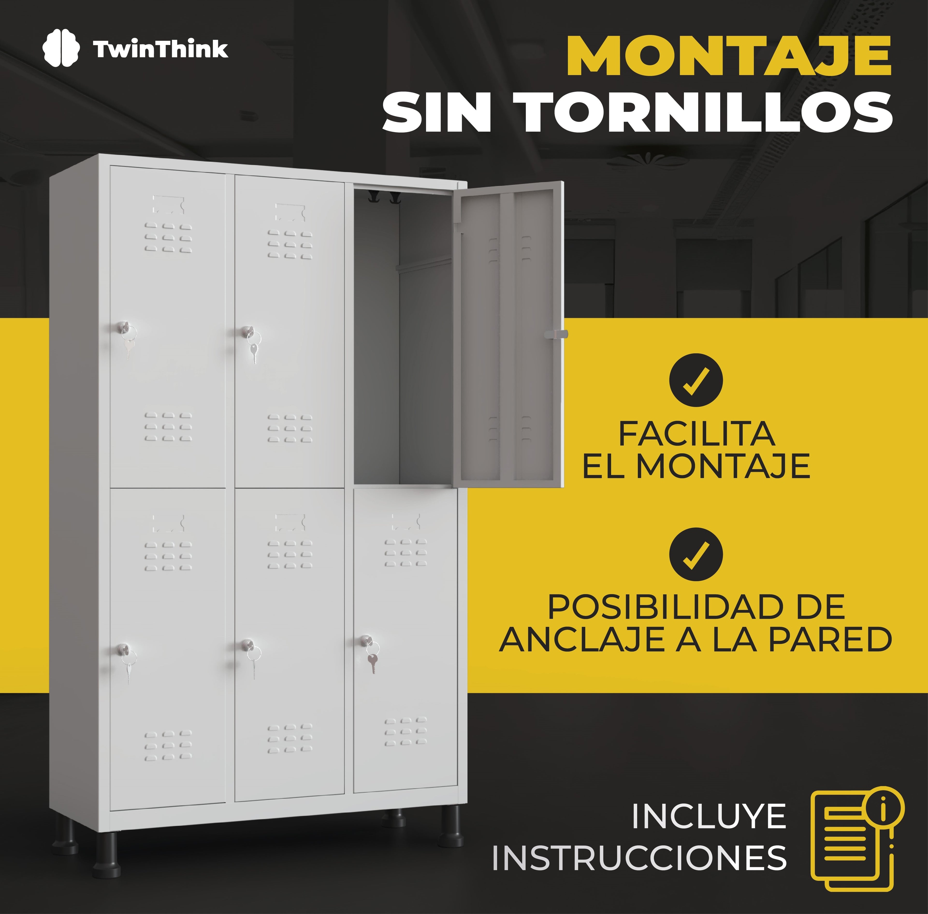 Taquilla metálica TwinThink de 6 puertas color gris con llaves, sistema de montaje sin tornillos, incluye instrucciones y opción de anclaje a la pared.