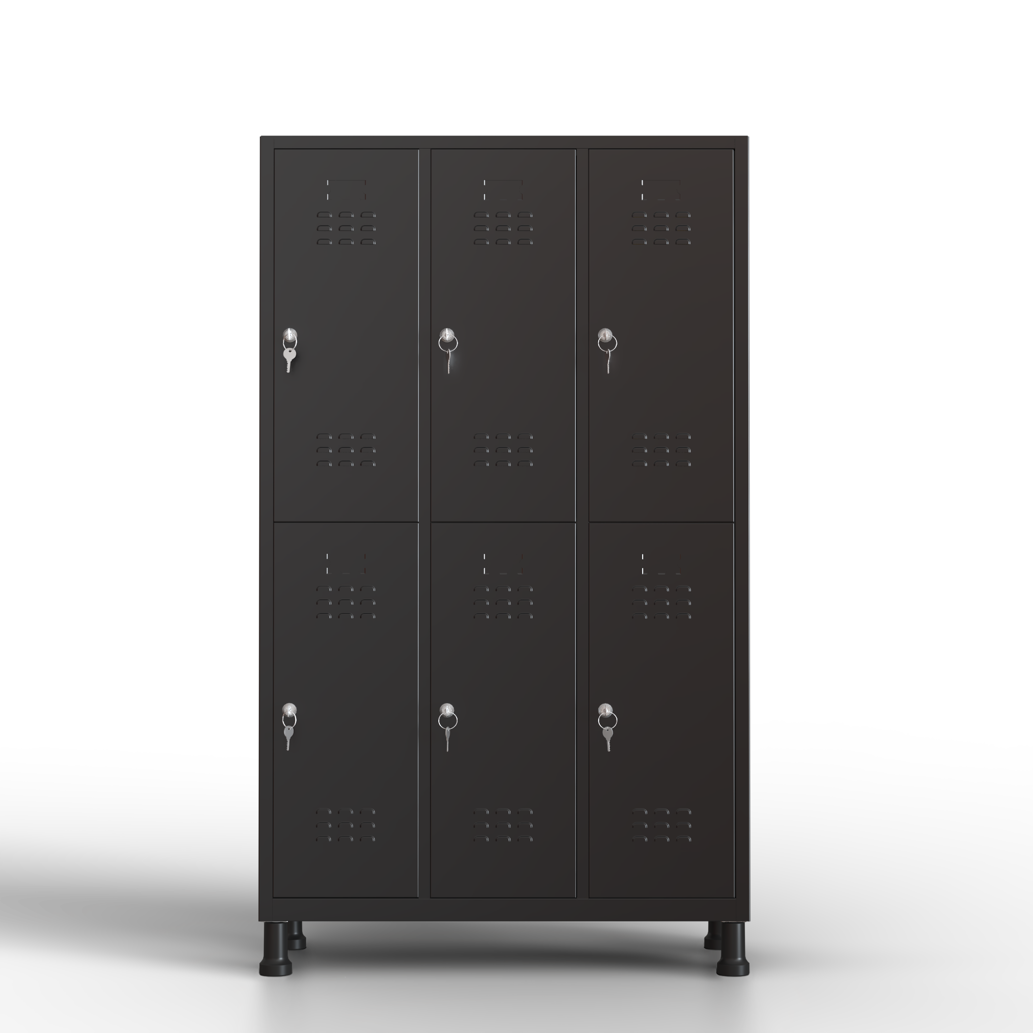 Taquilla metálica TwinThink de 6 puertas gris con llaves, montaje sin tornillos, incluye instrucciones y opción de anclaje a la pared.