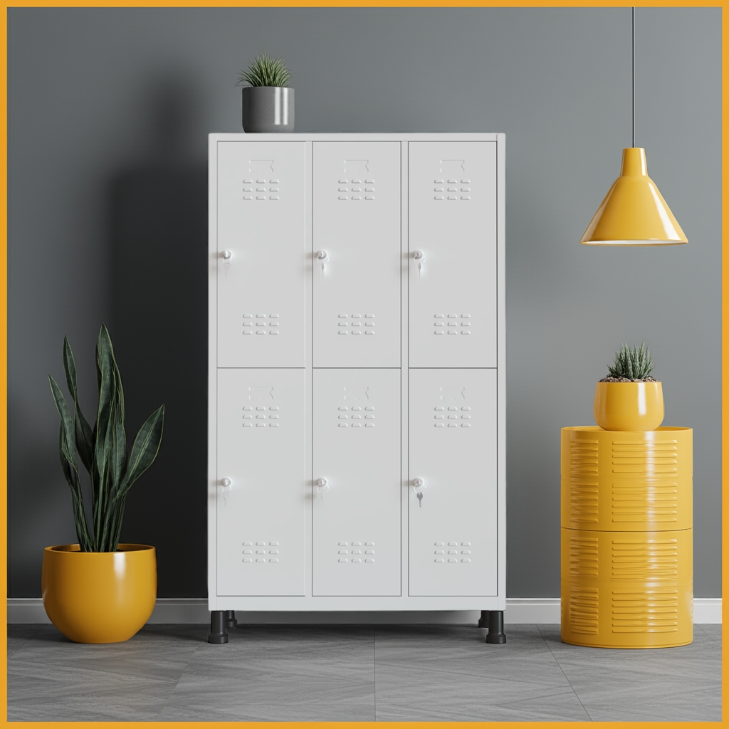 Taquilla metálica grande de 6 puertas gris TwinThink con fondo gris y decoración minimalista.