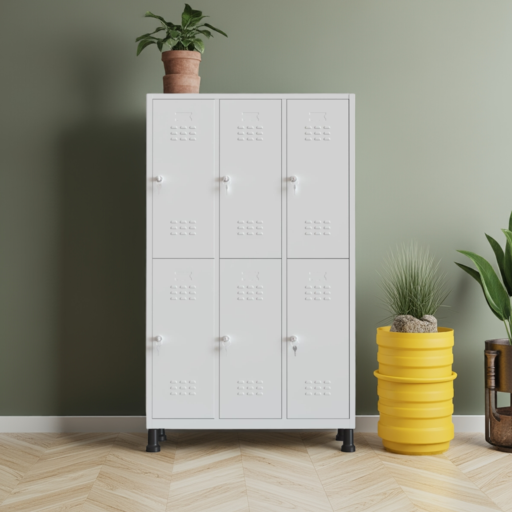 Taquilla metálica grande de 6 puertas gris TwinThink con planta decorativa y accesorios modernos.