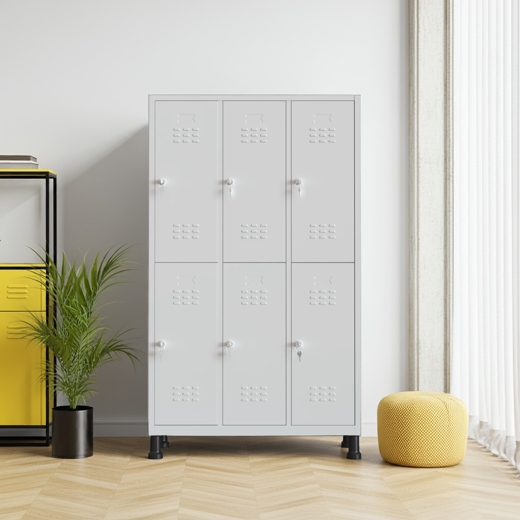 Taquilla metálica grande de 6 puertas gris TwinThink junto a silla amarilla en ambiente minimalista.