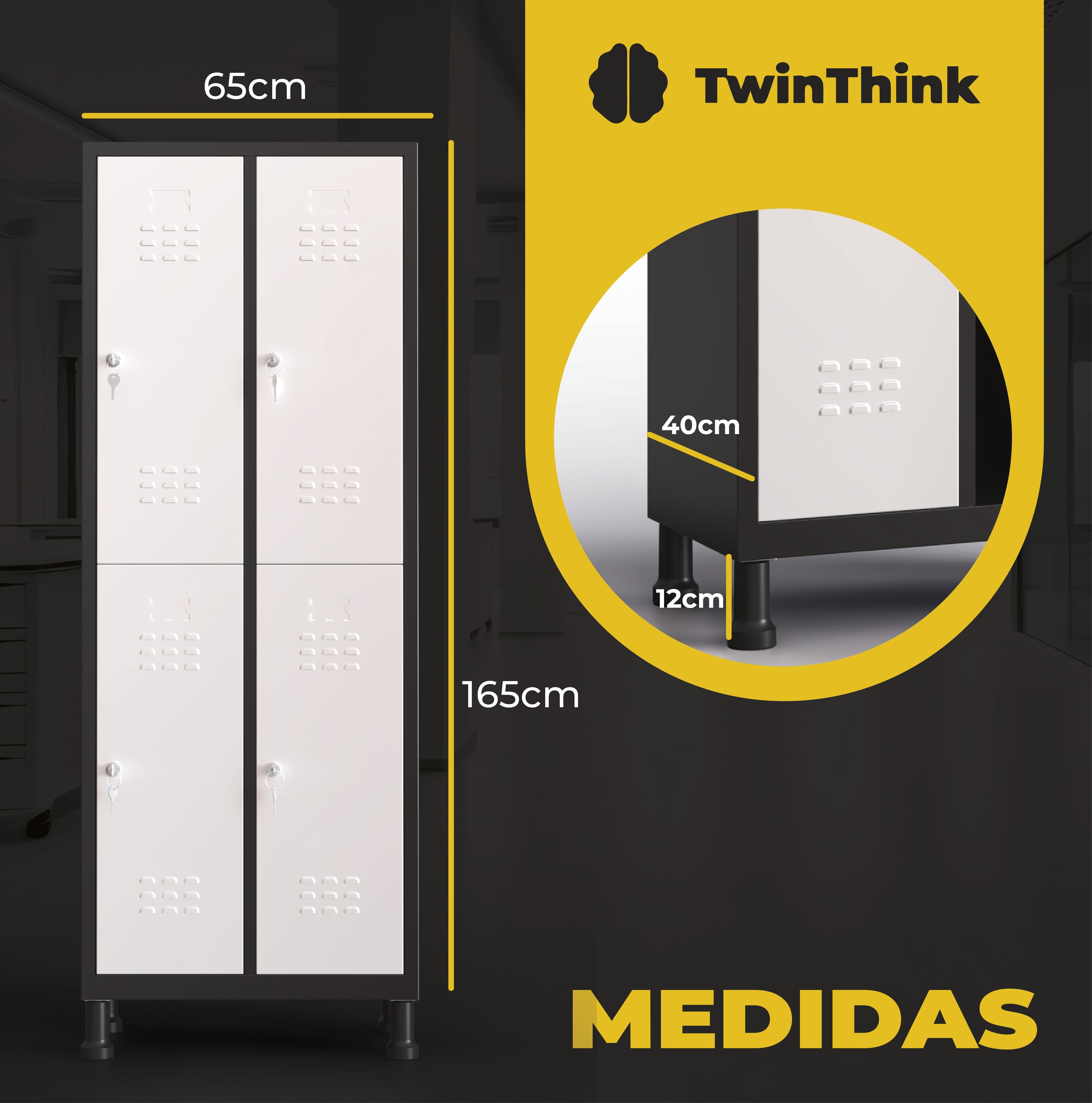 Medidas de la taquilla metálica de 6 puertas TwinThink en color blanco con marco negro, altura 165 cm, ancho 65 cm, profundidad 40 cm y patas de 12 cm.