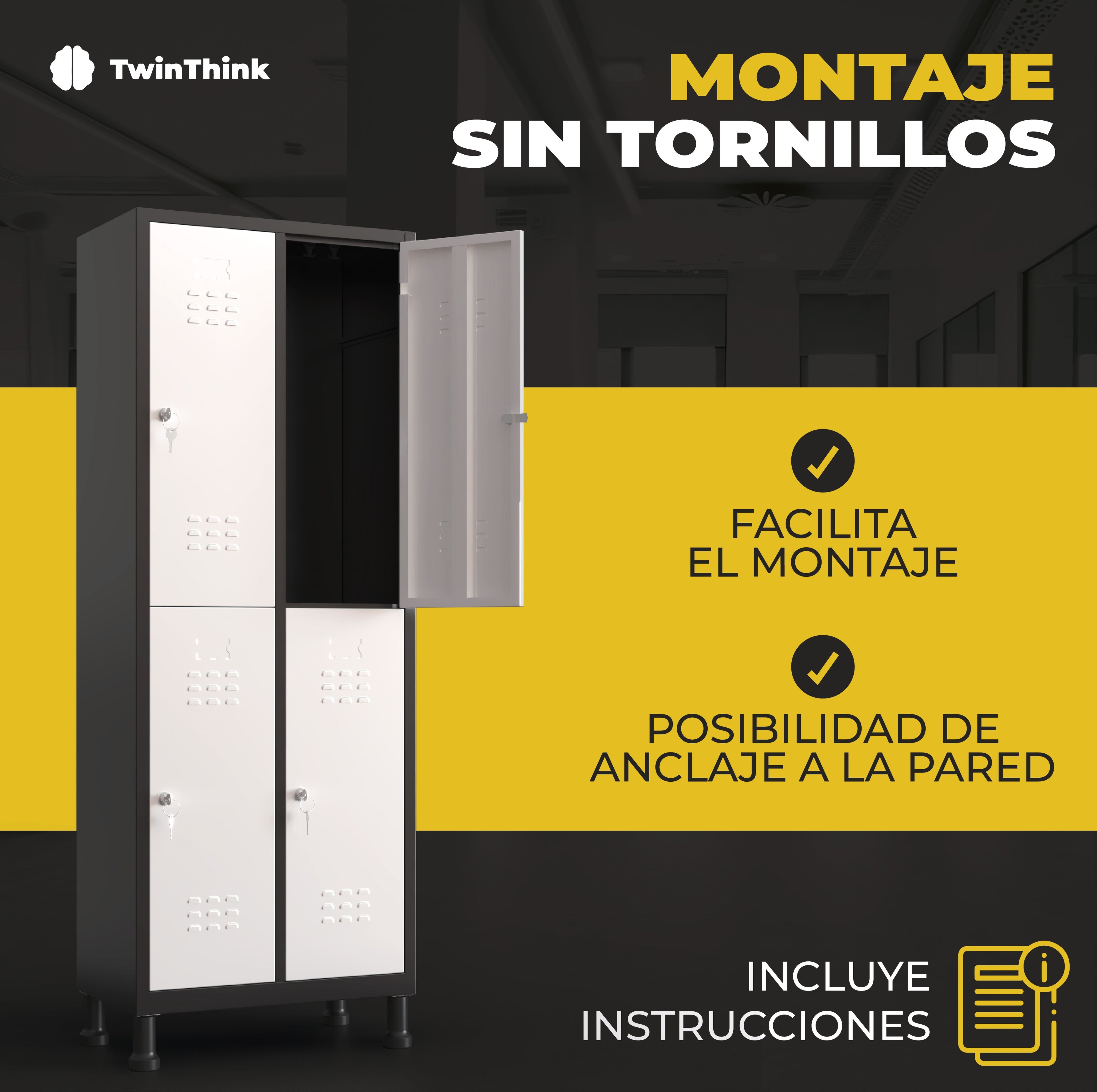 Taquilla metálica de 6 puertas TwinThink en color blanco con marco negro, sistema de montaje sin tornillos, fácil instalación y posibilidad de anclaje a la pared.