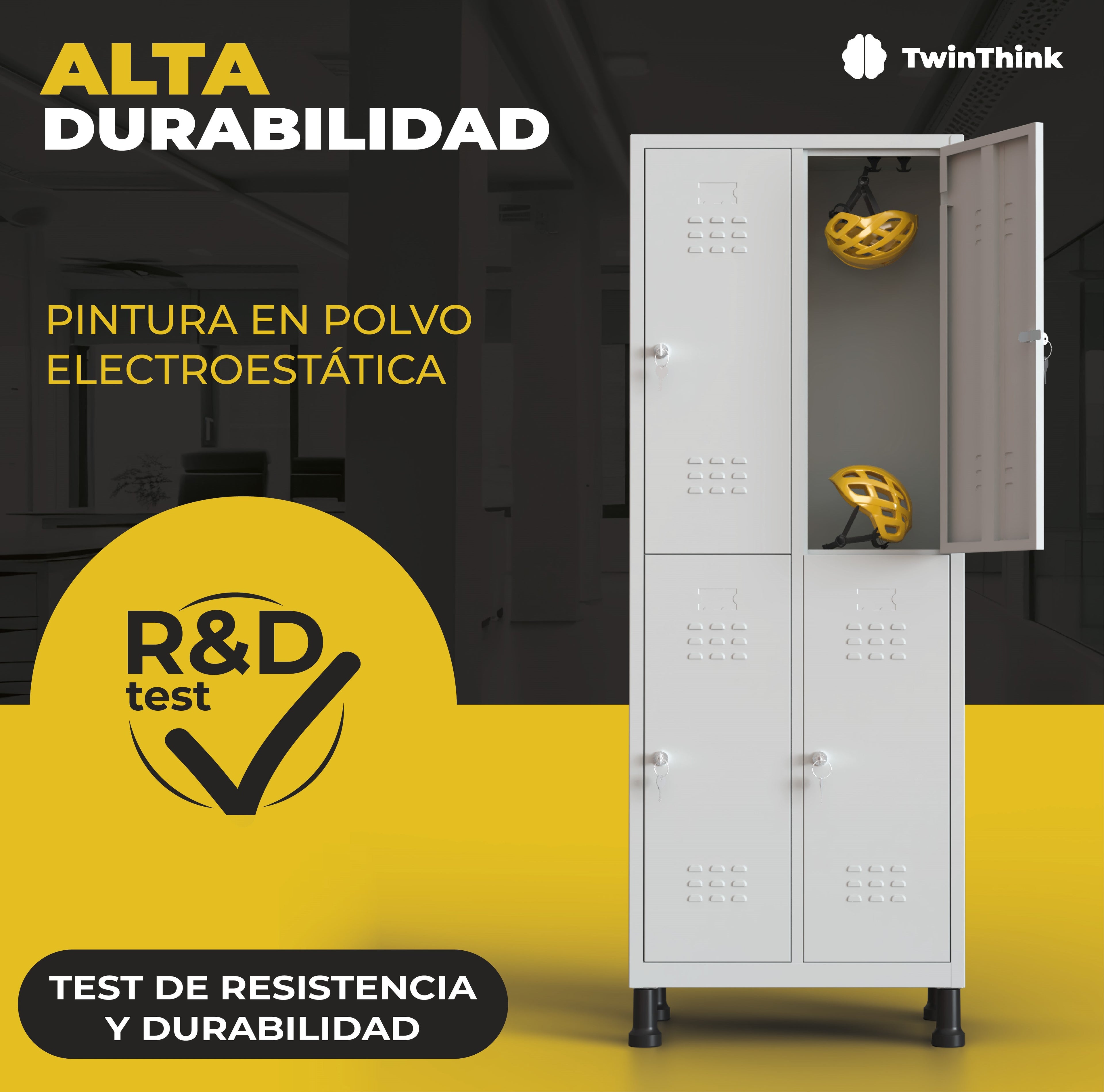 Taquilla metálica blanco 8 puertas TwinThink con pintura en polvo electrostática, test de resistencia y durabilidad.