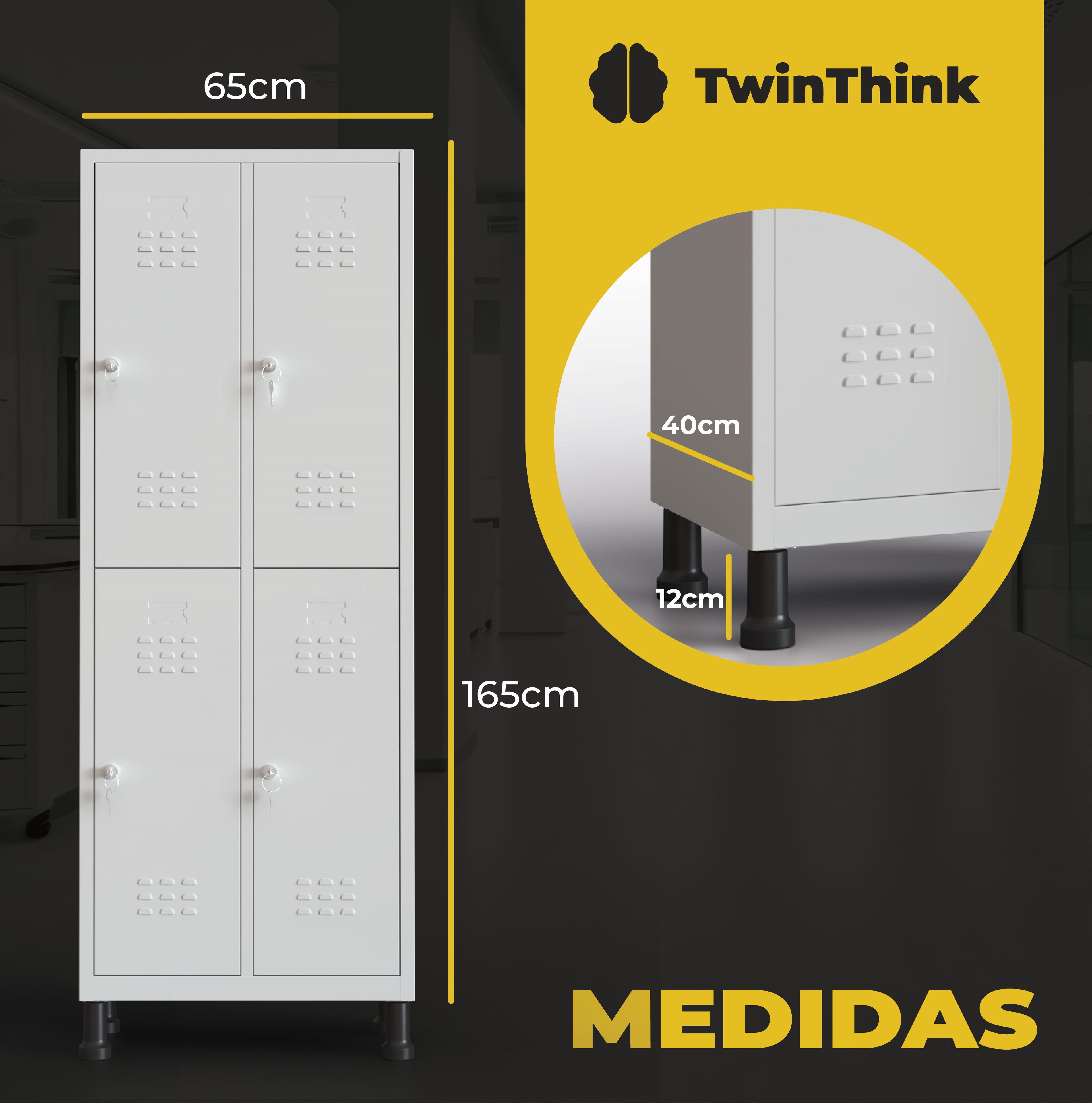 Medidas taquilla metálica blanco 8 puertas TwinThink, alto 165 cm, ancho 65 cm, profundidad 40 cm, patas de 12 cm.