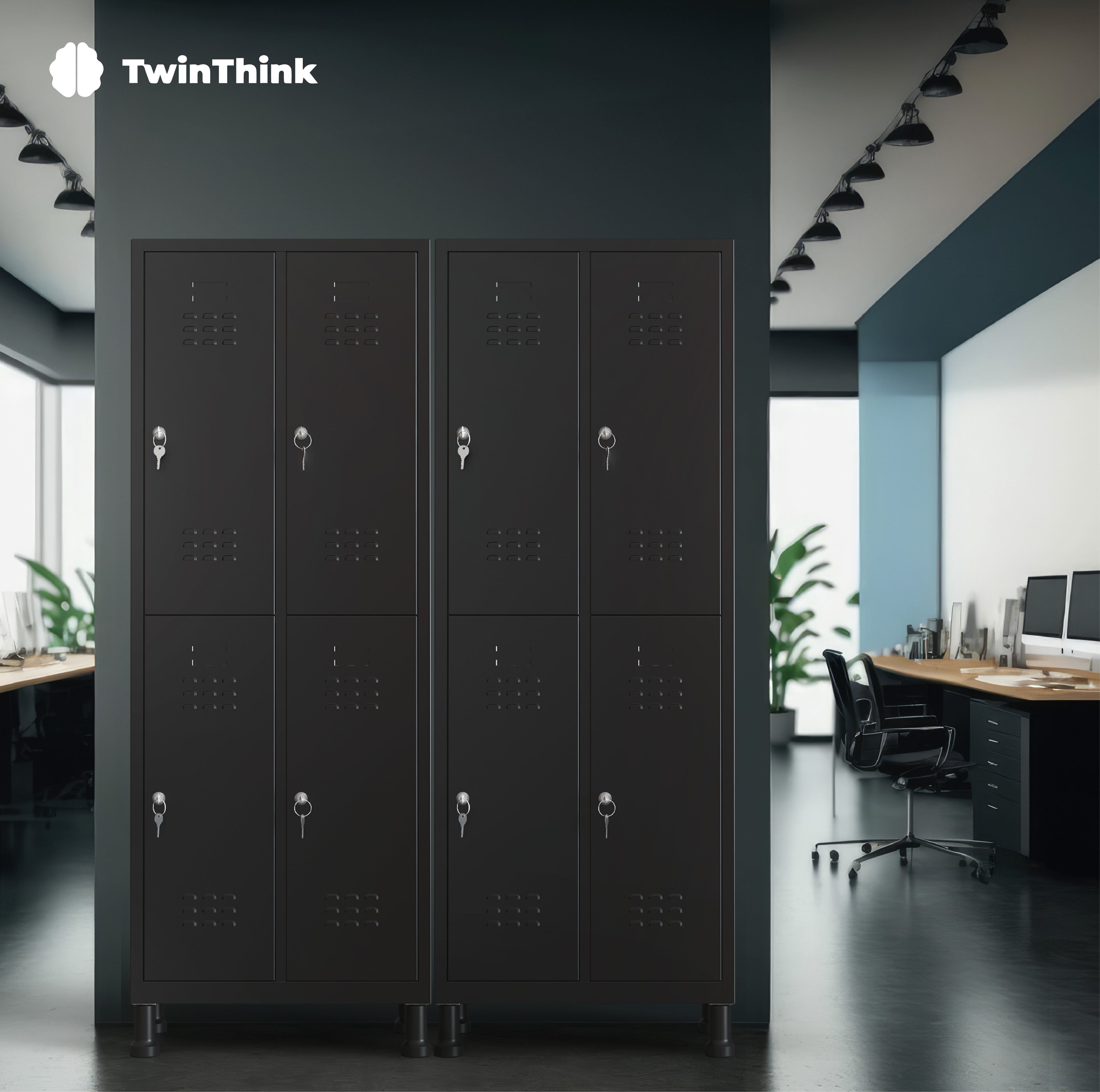 Taquilla metálica negra TwinThink de 8 puertas, ideal para oficinas, gimnasios y vestuarios, con cerradura segura y diseño resistente.