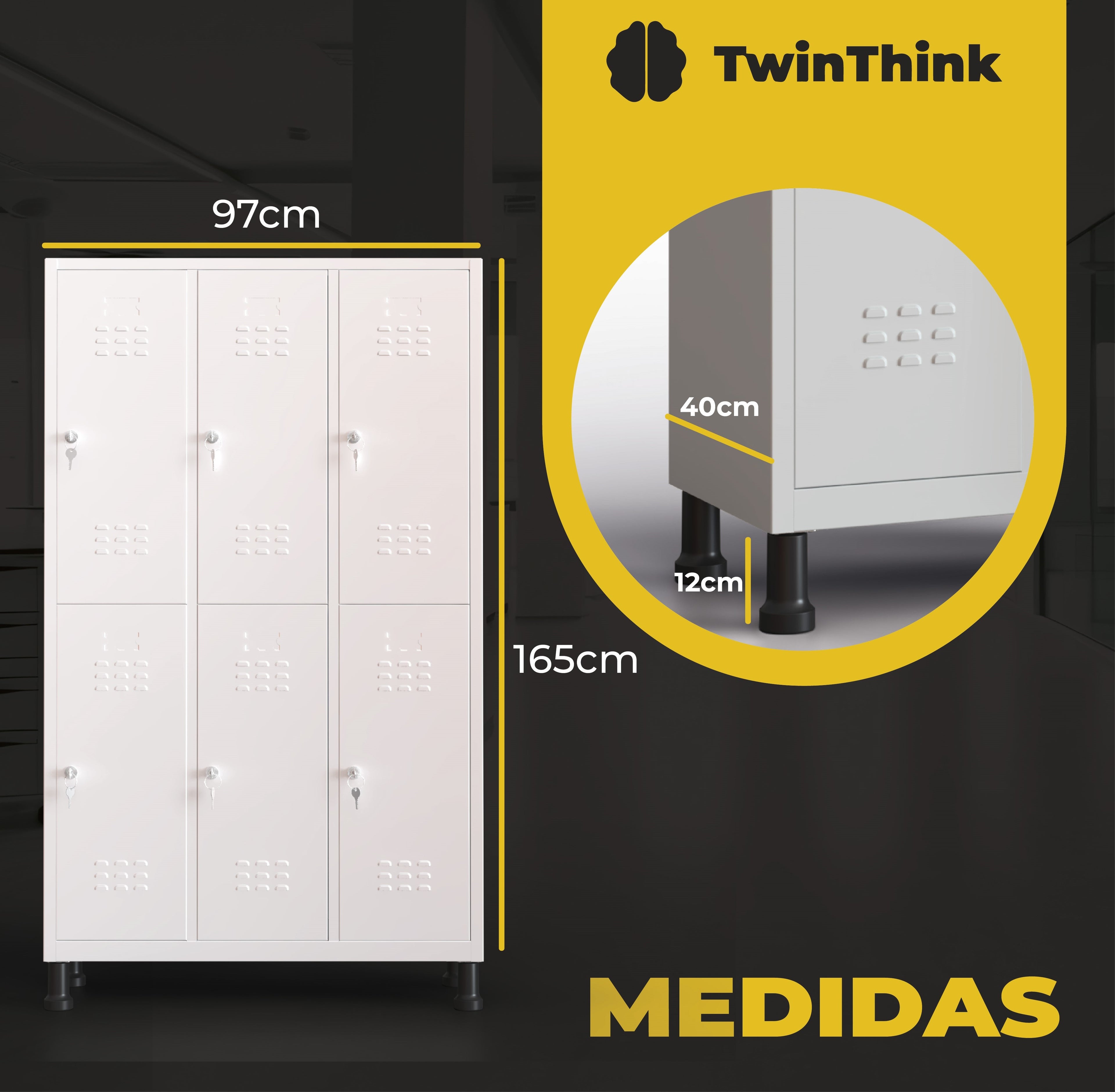 Medidas de taquilla metálica grande de 12 puertas TwinThink, dimensiones 97 cm de ancho, 40 cm de fondo y 165 cm de alto.