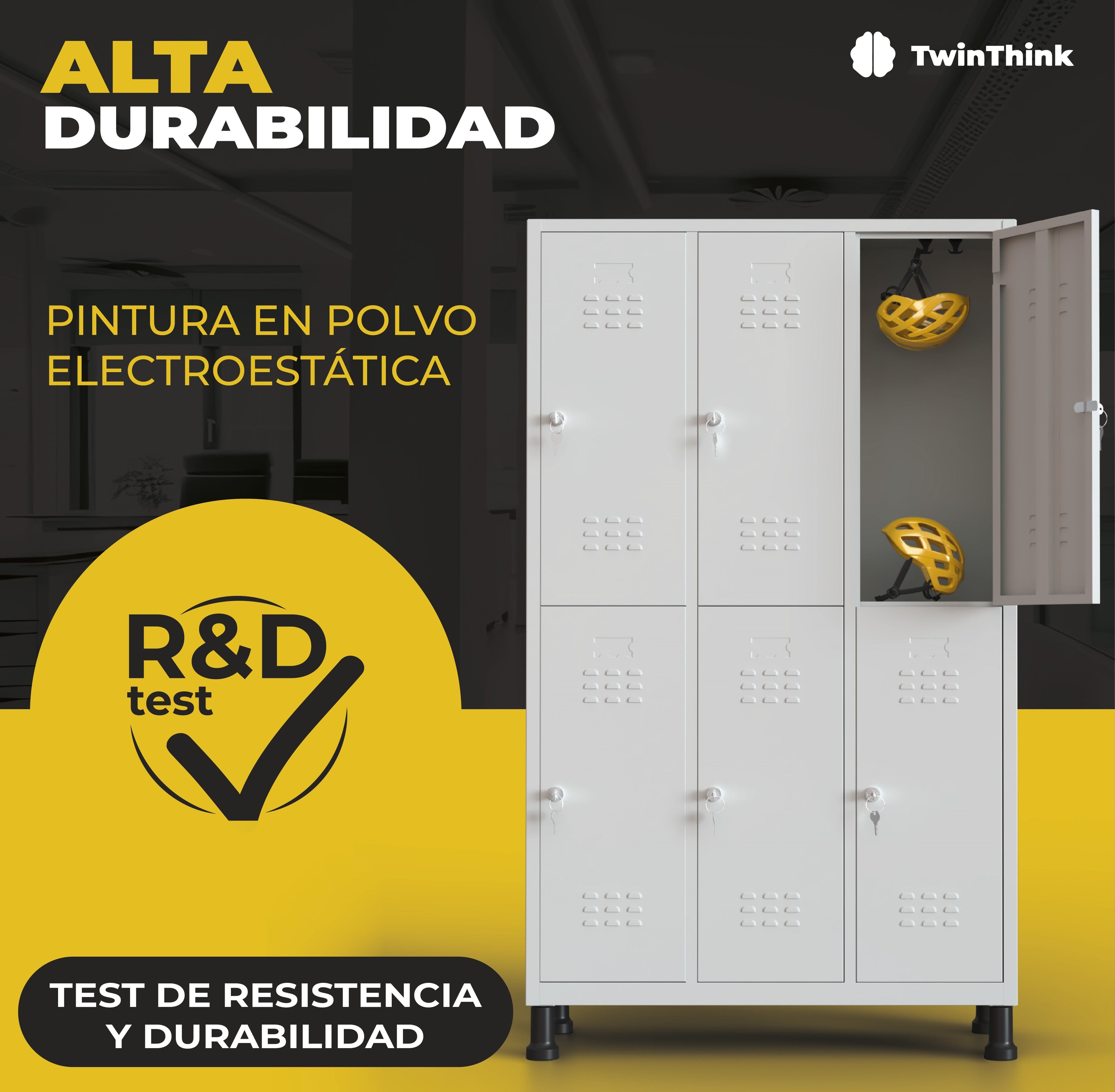 Taquilla metálica TwinThink de 6 puertas color gris con llaves; pintura en polvo electrostática y test de resistencia.