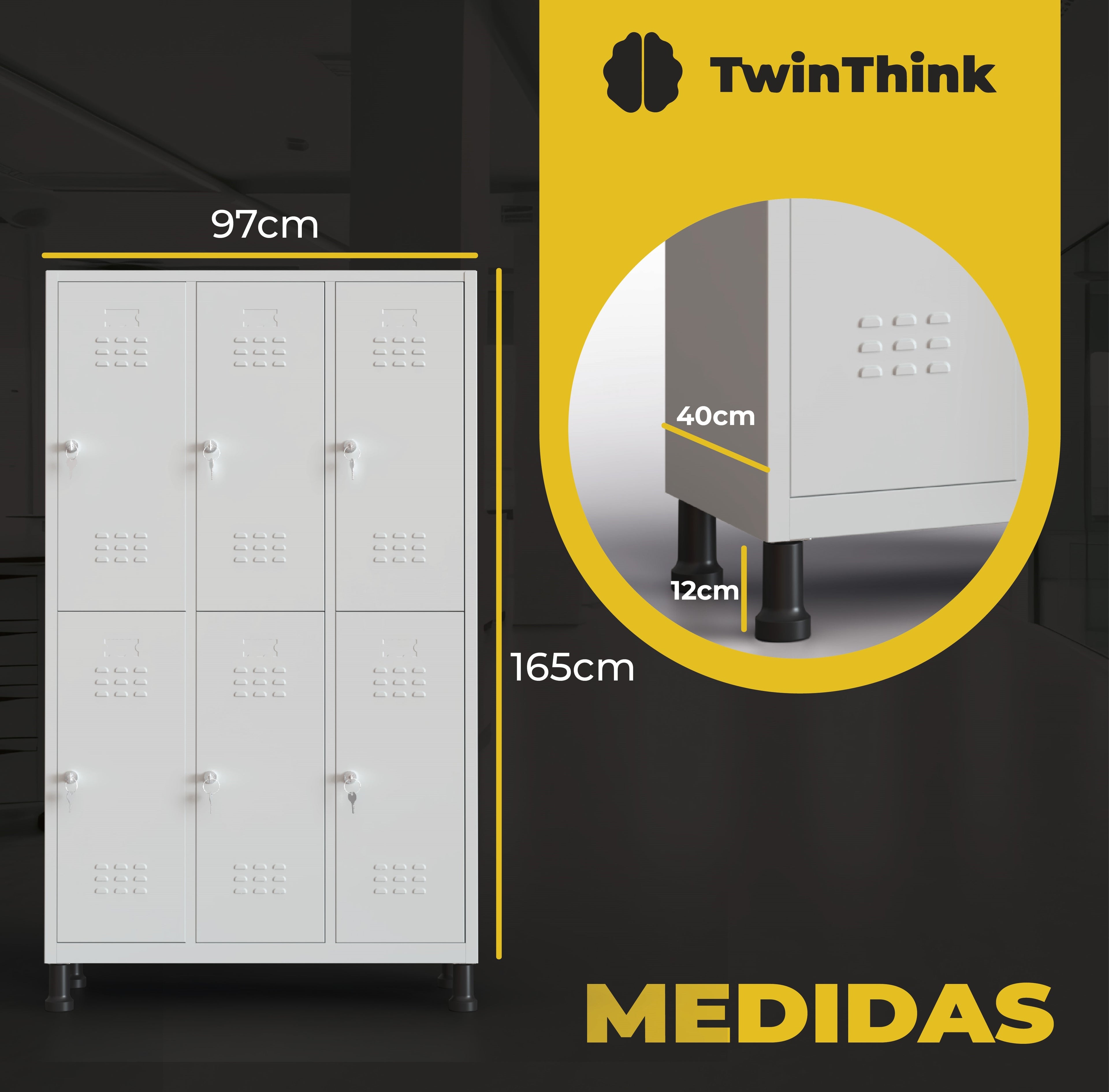 Medidas TwinThink de taquilla metálica de 6 puertas color gris con llaves: 165 cm alto, 97 cm ancho, 40 cm fondo y 12 cm base.