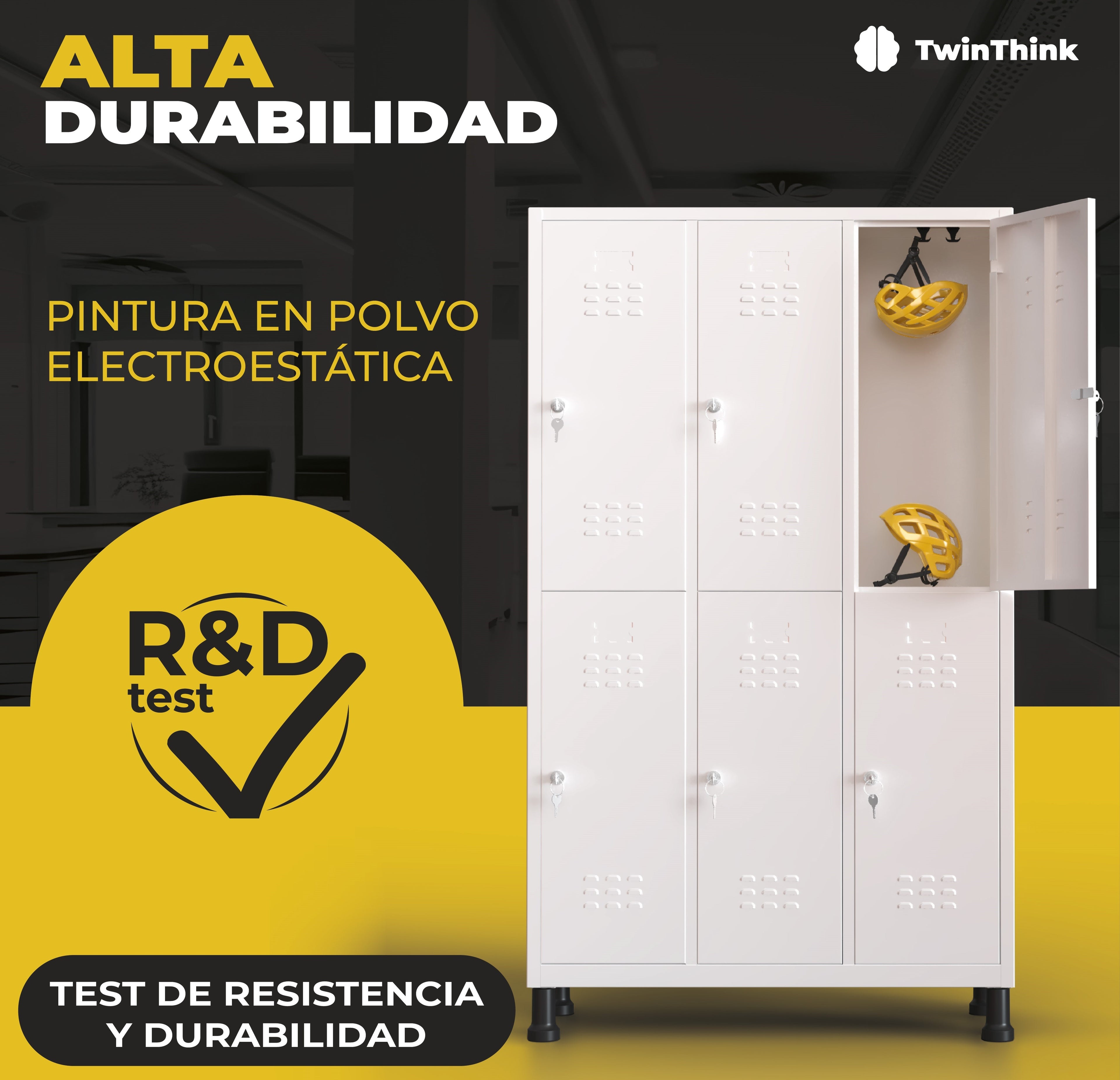 Taquilla metálica grande TwinThink con pintura en polvo electrostática, sometida a test de resistencia y durabilidad para mayor protección.