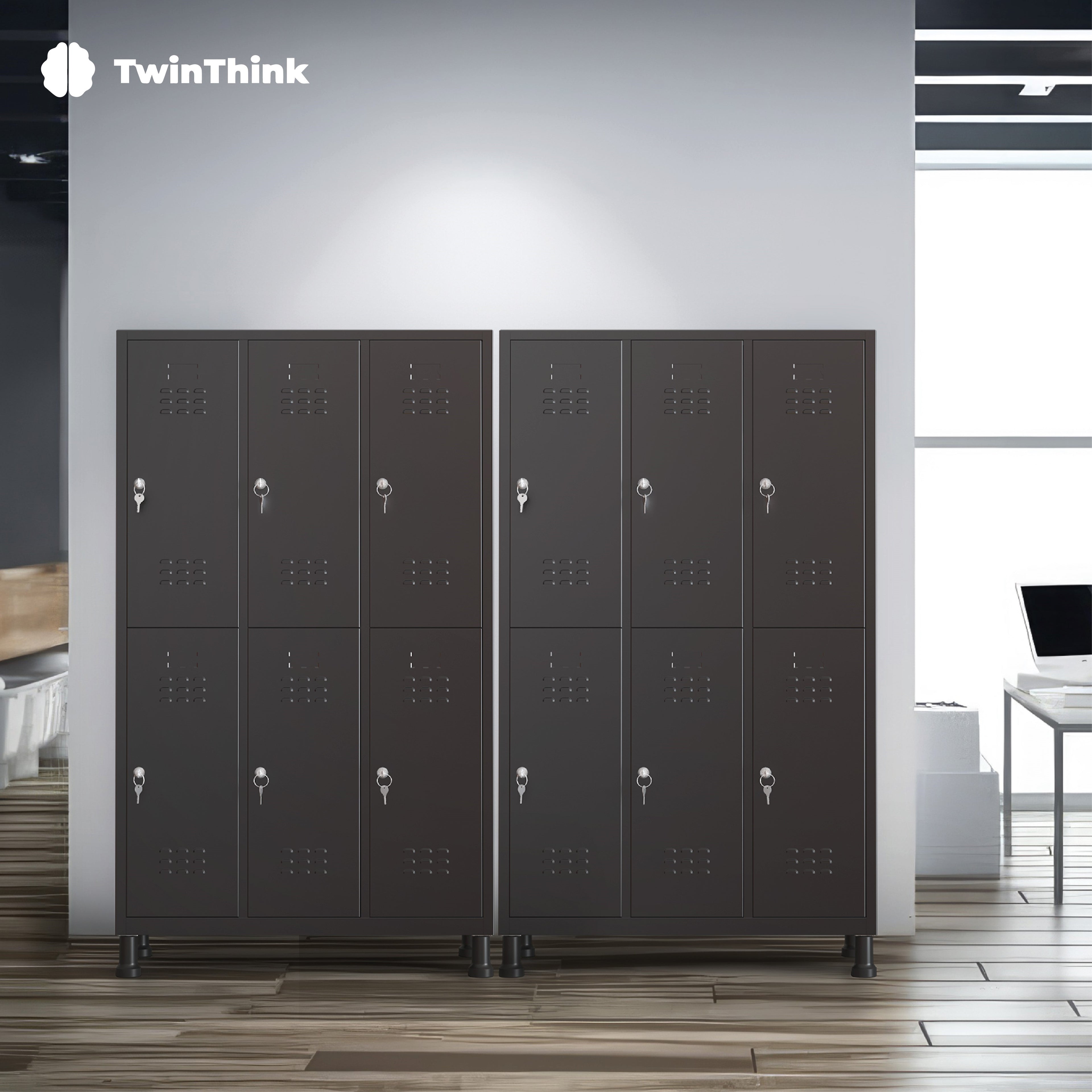 Taquilla metálica grande TwinThink de doble columna en color gris oscuro, con 12 puertas con cerradura y llaves, ideal para oficinas, gimnasios y espacios industriales.