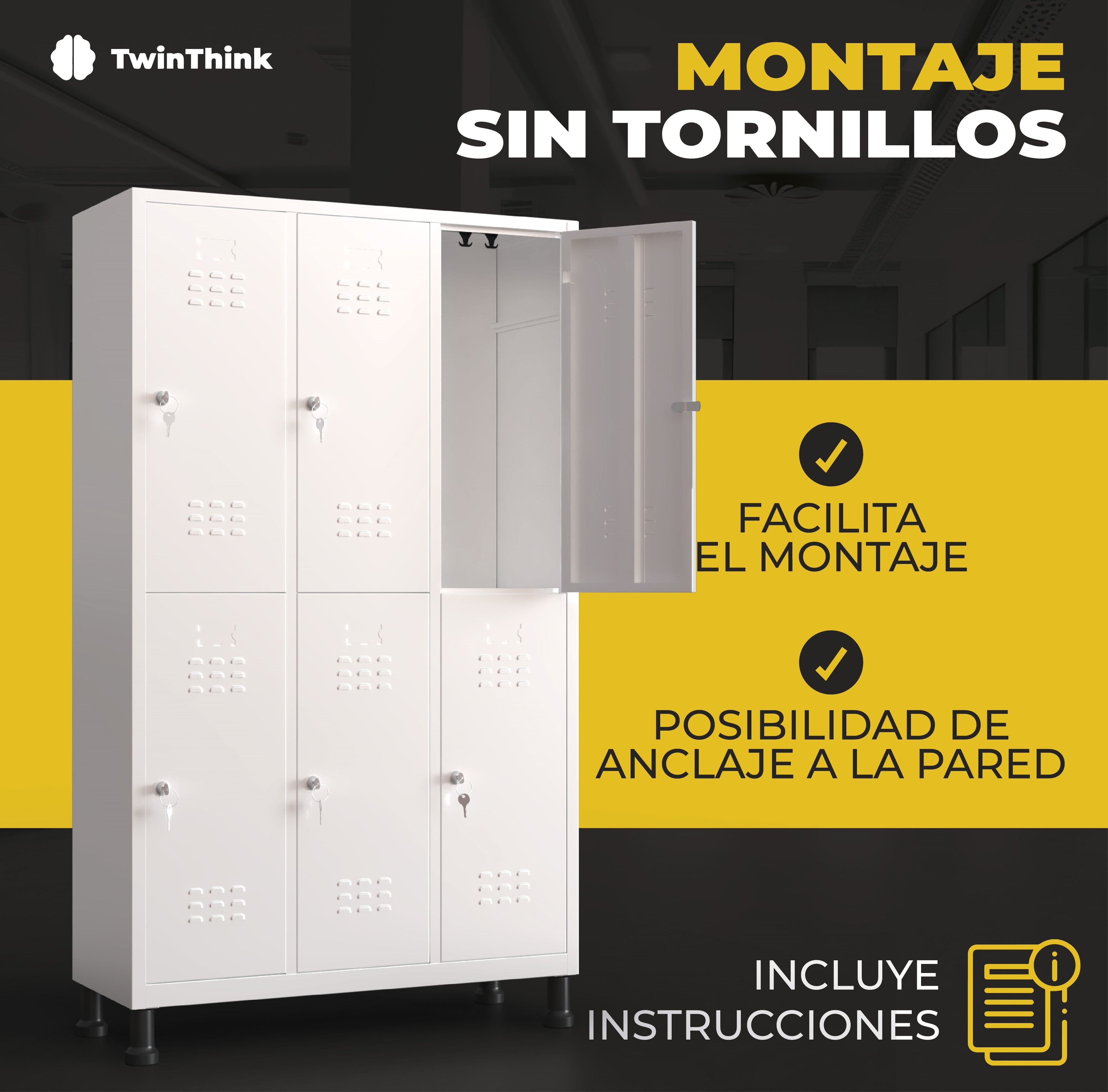 Taquilla metálica grande TwinThink con sistema de montaje sin tornillos, incluye instrucciones y posibilidad de anclaje a la pared.