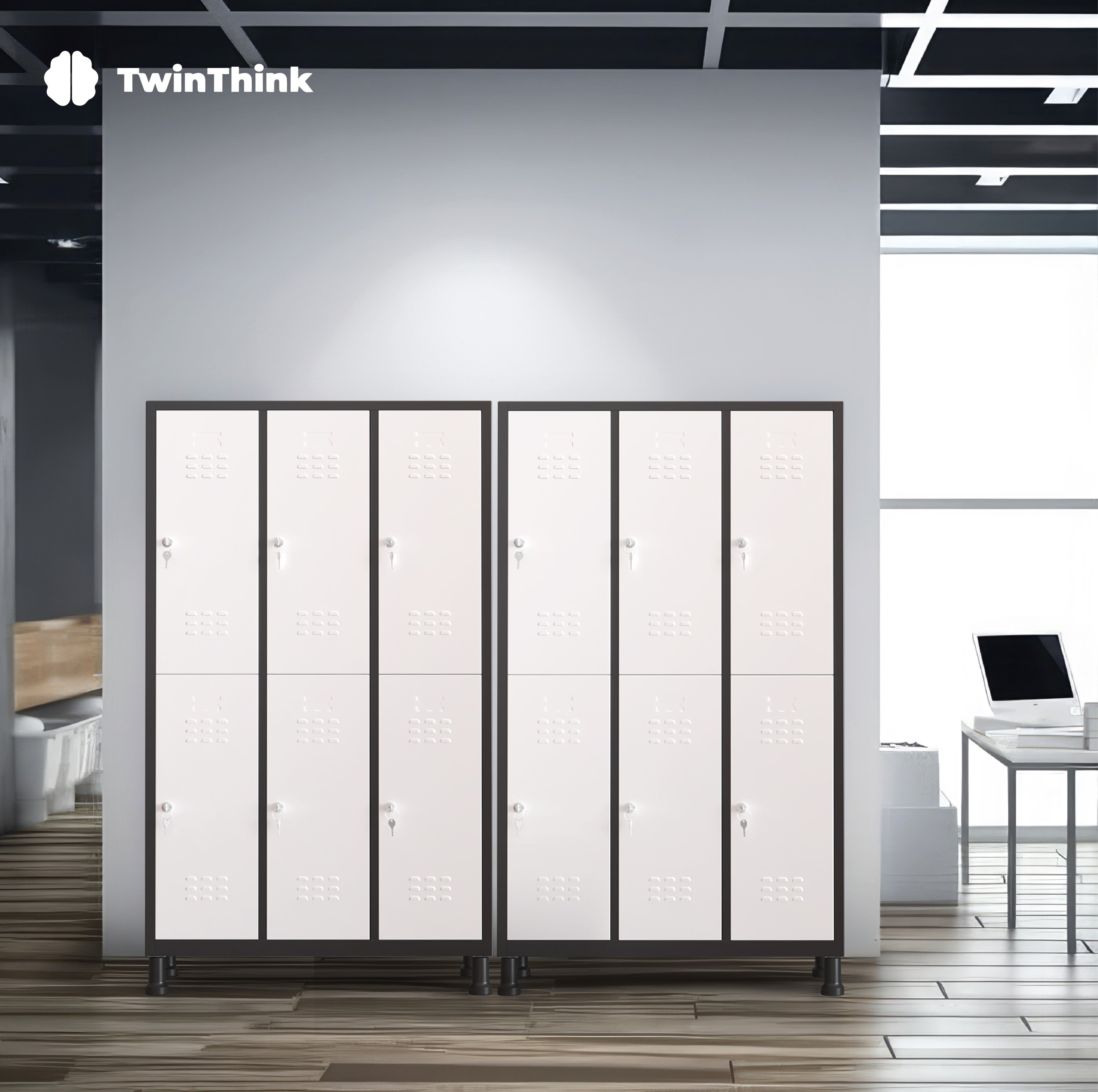 Taquilla metálica múltiple de 12 puertas en ambiente corporativo, color blanco con marco negro, ideal para oficinas y espacios compartidos.