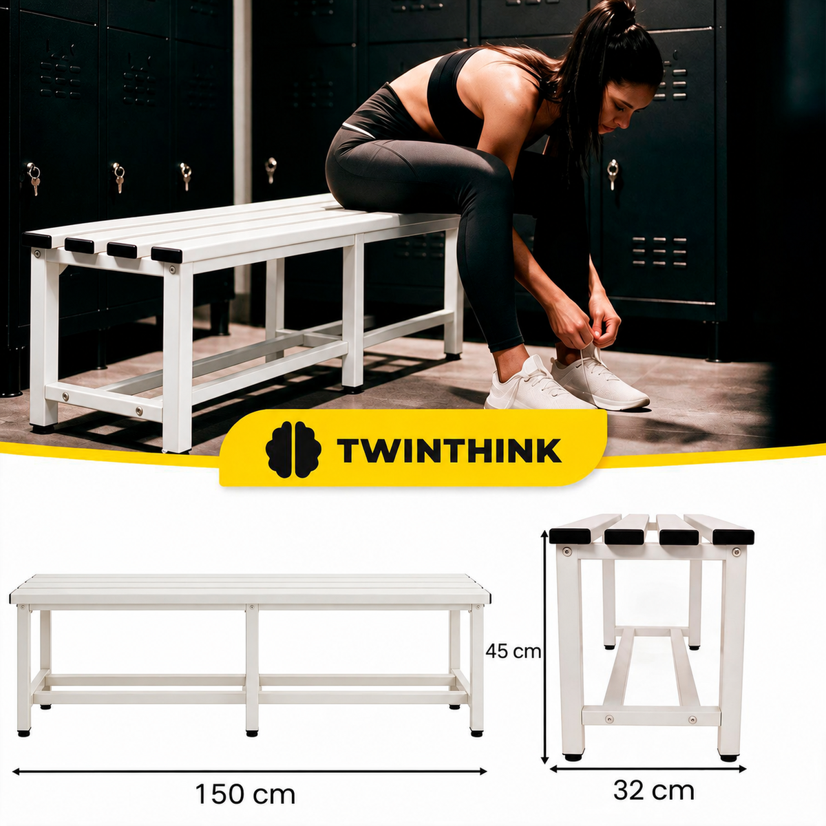 [color:lunar-white][lang:es] Banco vestuario metálico 150 x 32 x 45 cm en blanco — imagen 3 de 6