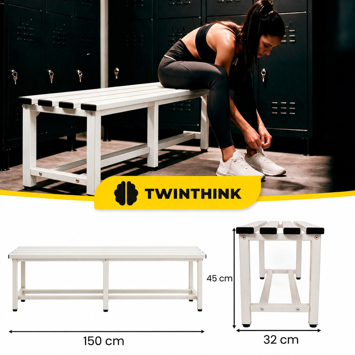 [color:lunar-white][lang:de] Umkleidebank aus Metall, 150×32×45 cm in Weiß (Lunar White)