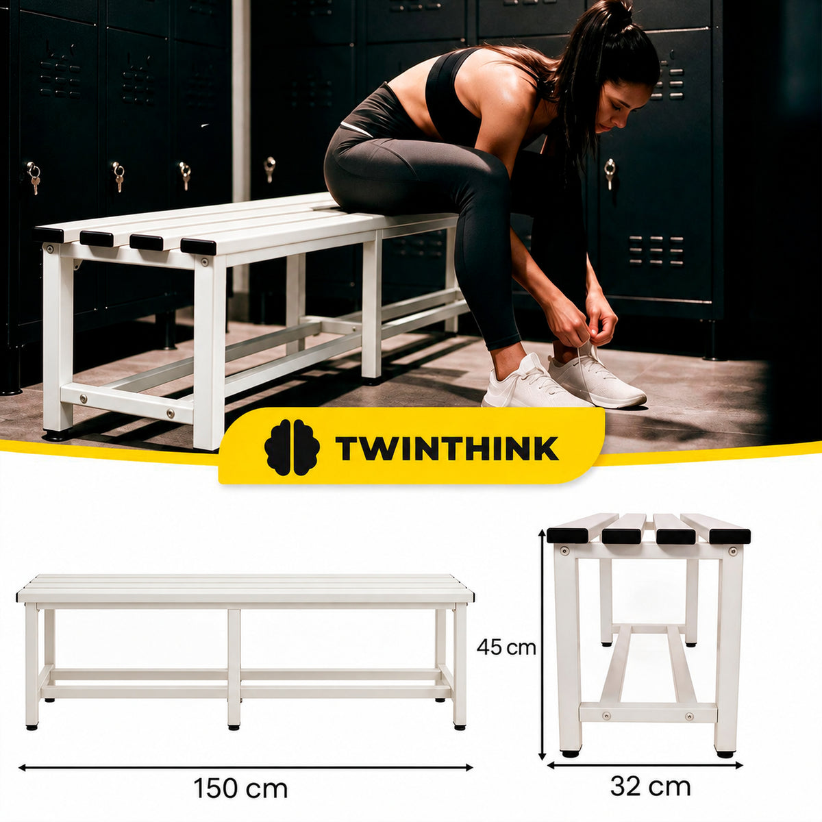 [color:lunar-white][lang:it] Panca da spogliatoio in metallo, 150×32×45 cm in bianco Lunar White