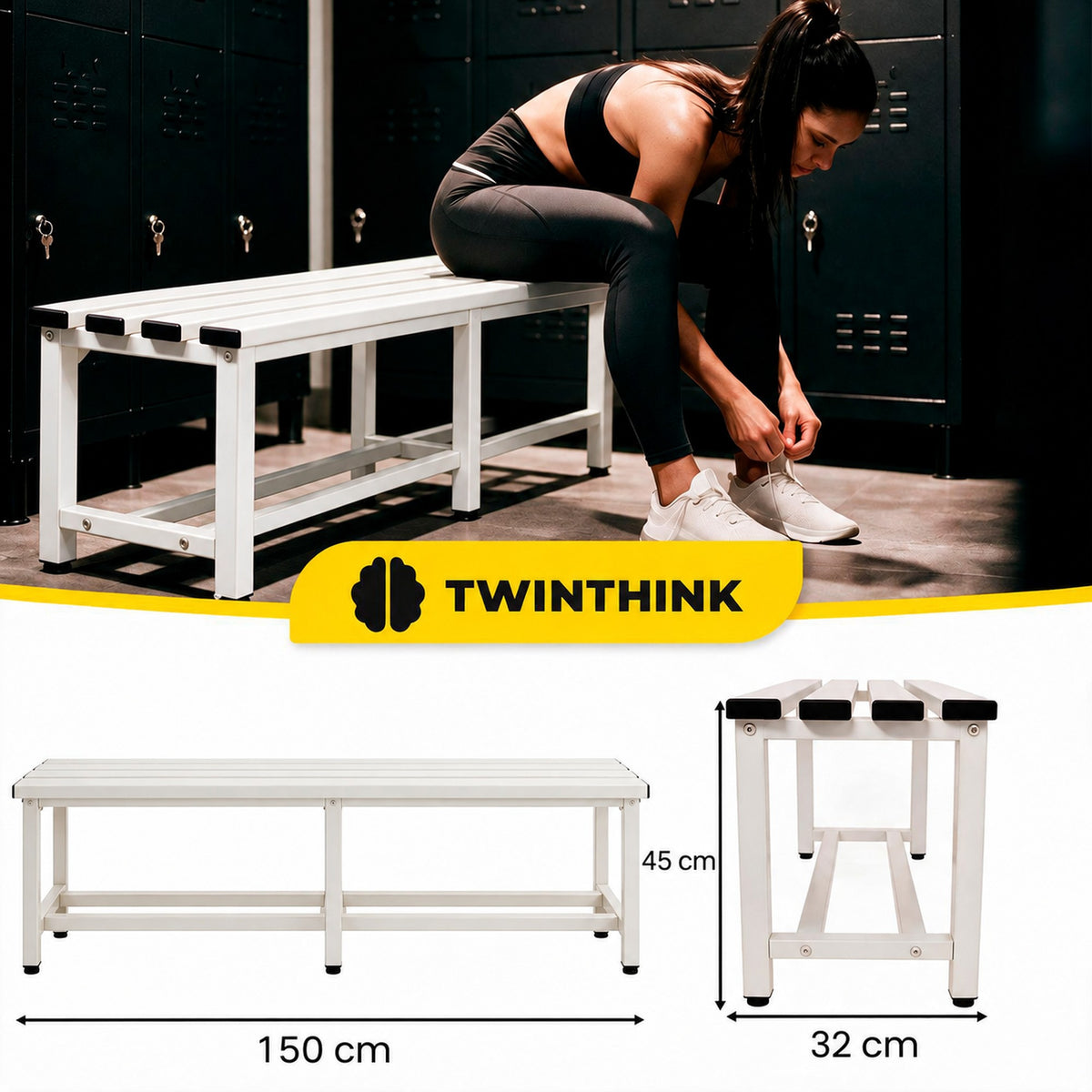 Banco vestuario metálico 150 x 32 x 45 cm en blanco — imagen 3 de 6
