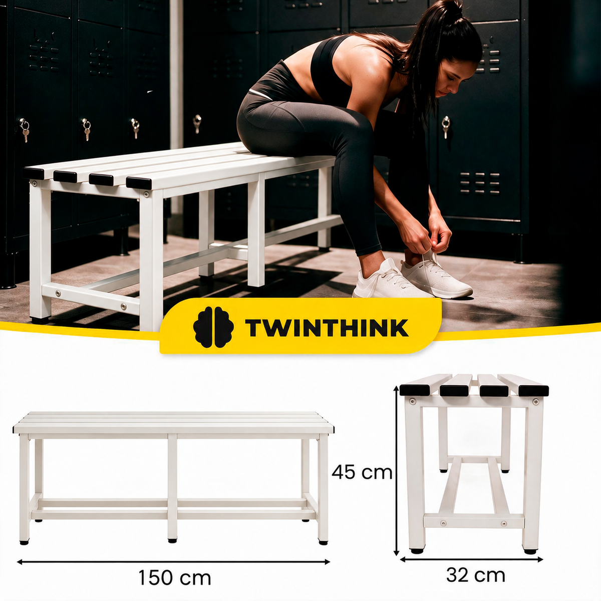 [color:lunar-white][lang:fr] Banc de vestiaire métallique, 150×32×45 cm en blanc Lunar White