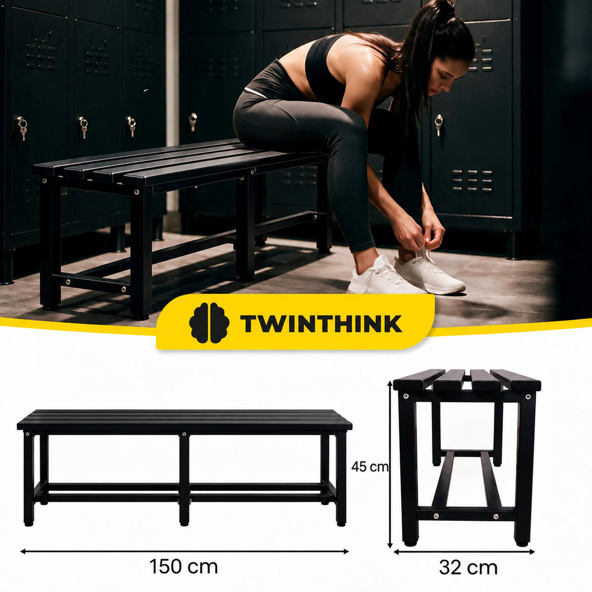 [color:polar-black][lang:fr] Banc de vestiaire métallique, 150×32×45 cm en noir Polar Black