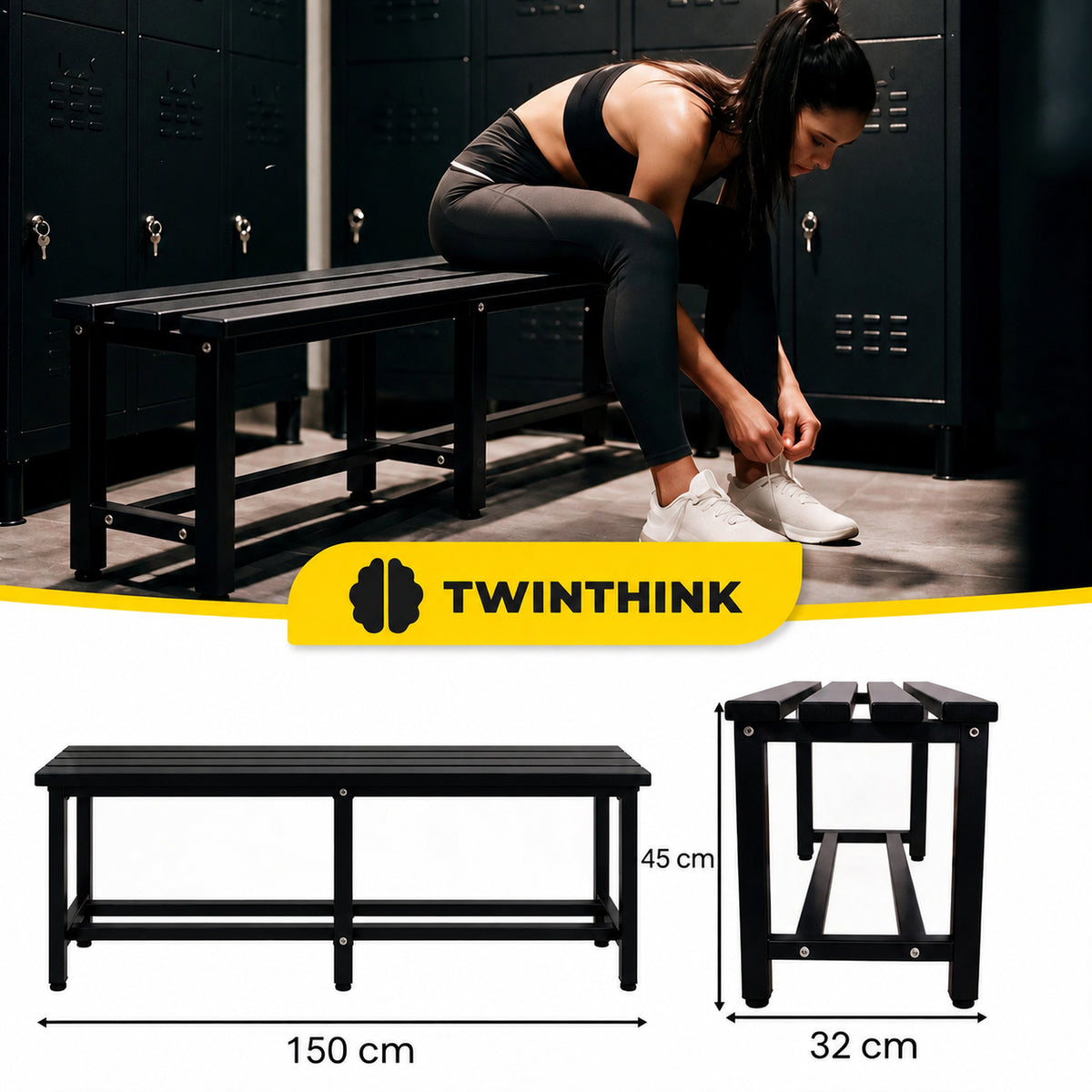 [color:polar-black][lang:it] Panca da spogliatoio in metallo, 150×32×45 cm in nero Polar Black
