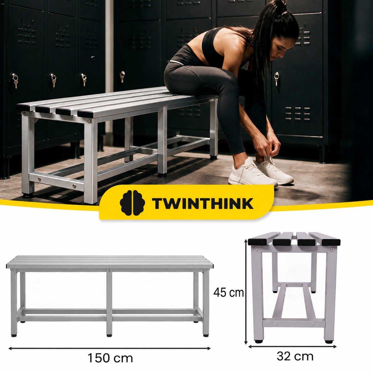 [color:urban-grey][lang:de] Umkleidebank aus Metall, 150×32×45 cm in Grau (Urban Grey)