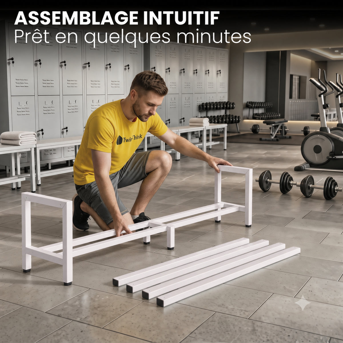 [color:lunar-white][lang:fr] Banc de vestiaire métallique, 150×32×45 cm en blanc Lunar White
