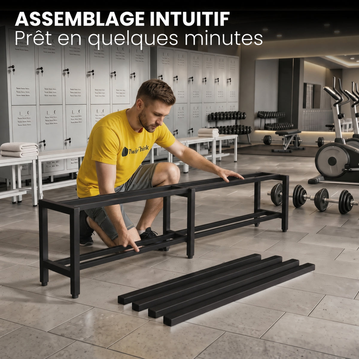 [color:polar-black][lang:fr] Banc de vestiaire métallique, 150×32×45 cm en noir Polar Black