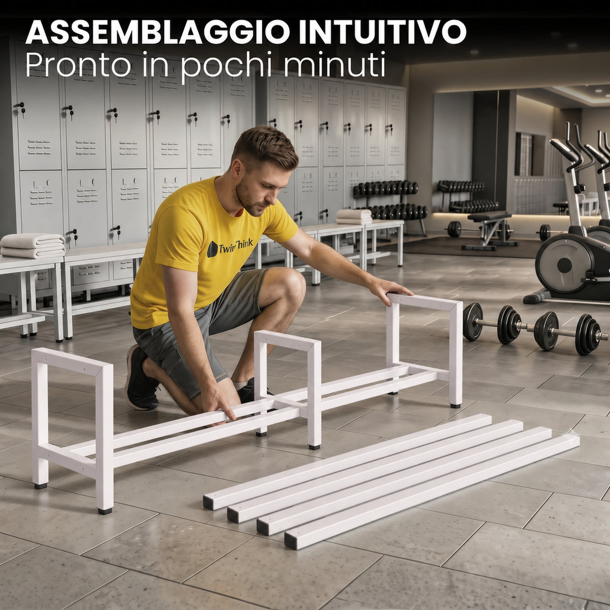 [color:lunar-white][lang:it] Panca da spogliatoio in metallo, 150×32×45 cm in bianco Lunar White