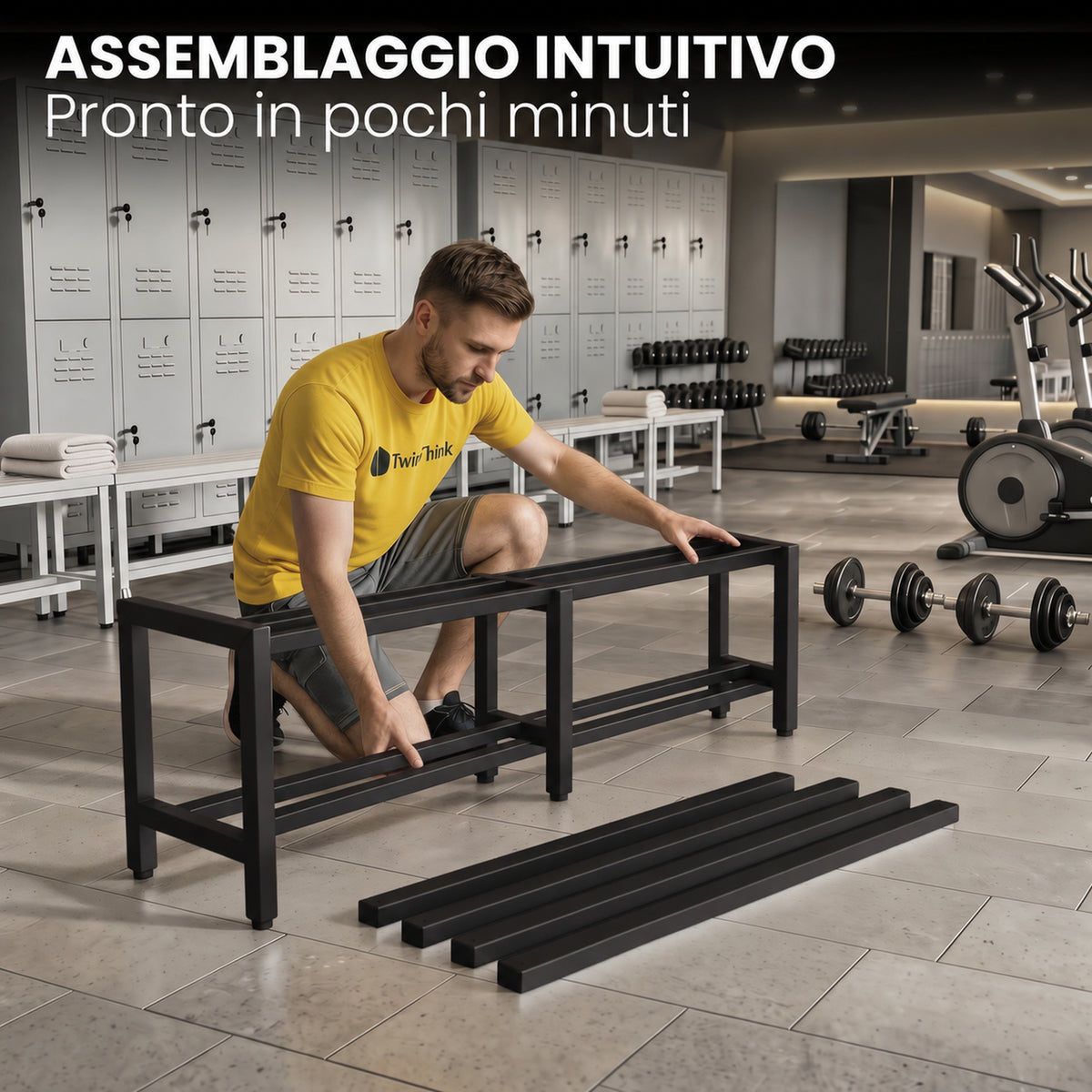 [color:polar-black][lang:it] Panca da spogliatoio in metallo, 150×32×45 cm in nero Polar Black