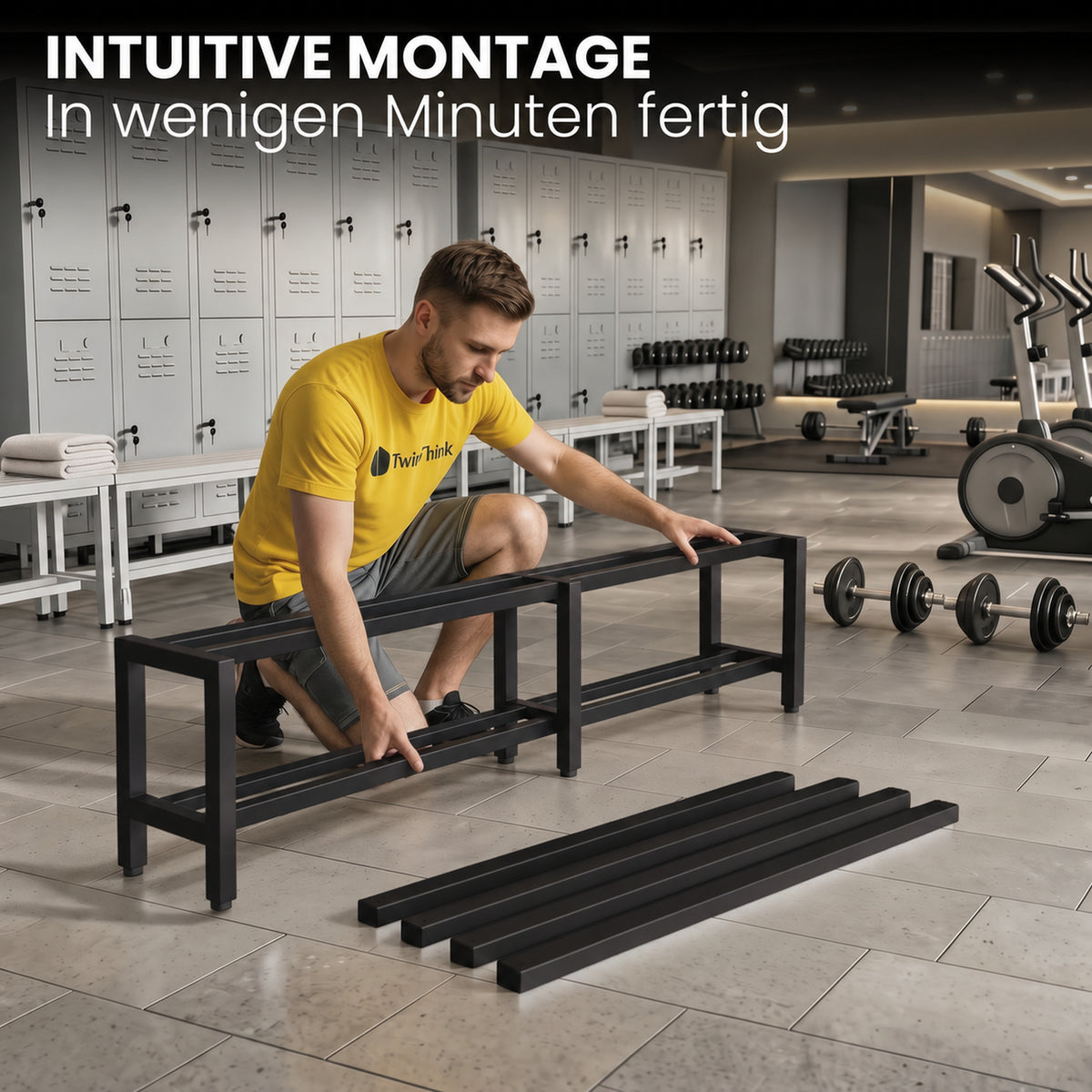 [color:polar-black][lang:de] Umkleidebank aus Metall, 150×32×45 cm in Schwarz (Polar Black)
