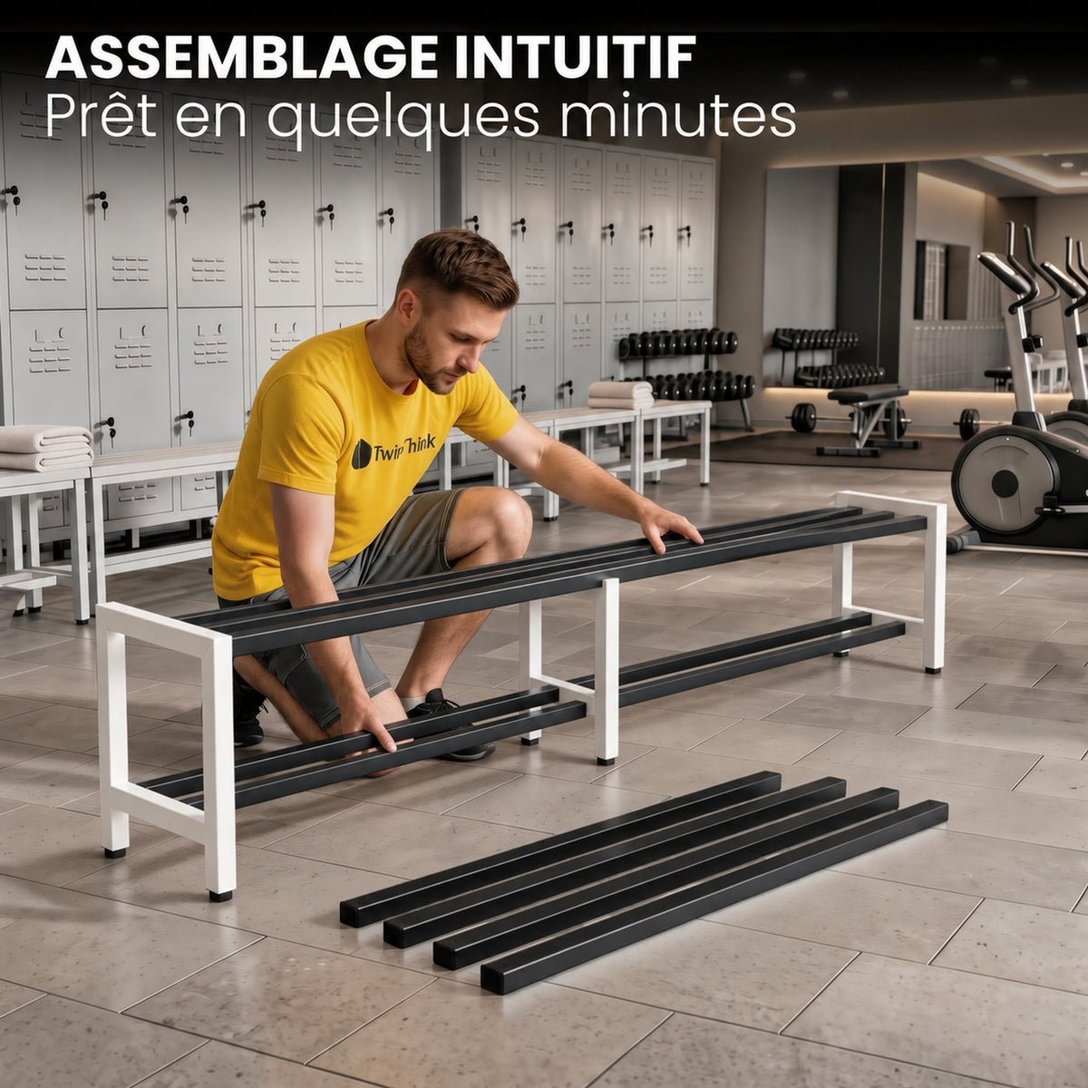 [color:eclipse][lang:fr] Banc de vestiaire métallique, 150×32×45 cm en bicolore Eclipse (noir et blanc)