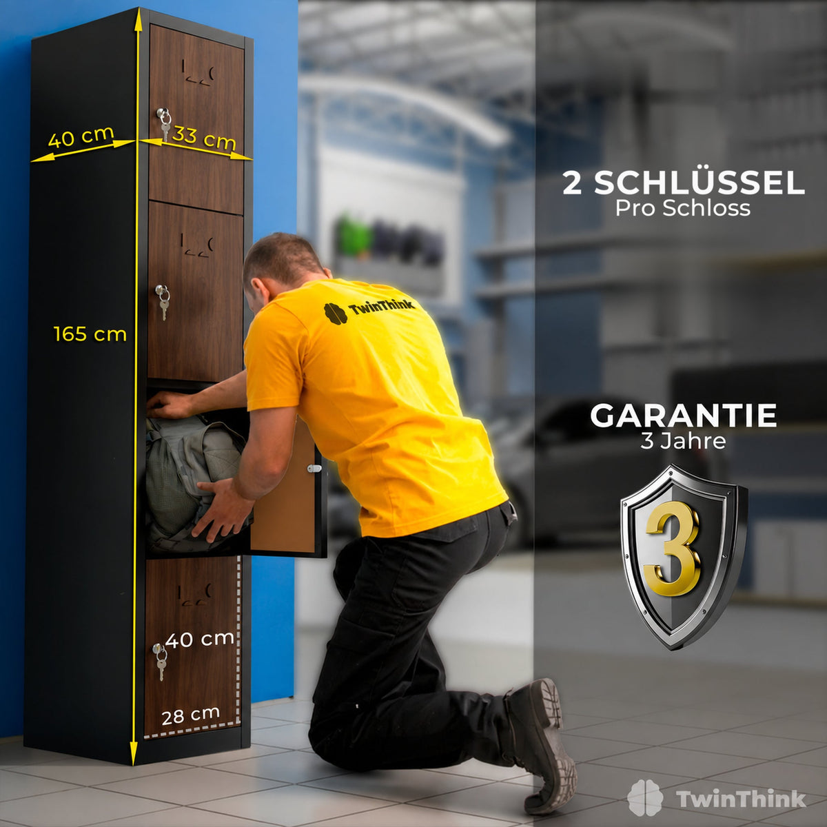Metallspind, 4 Türen mit Schlüssel, 165×33×40 cm in Holzoptik — Infografik 1