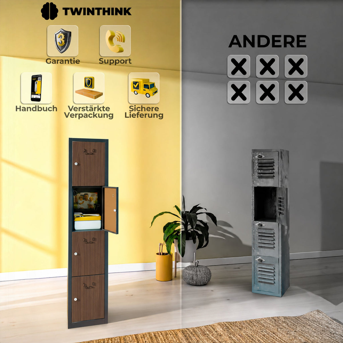 Metallspind, 4 Türen mit Schlüssel, 165×33×40 cm in Holzoptik — Infografik 2