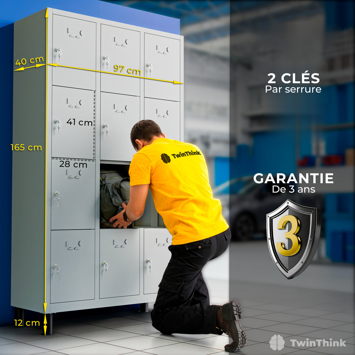 Vestiaire métallique, 12 portes avec clé, 177×97×40 cm en gris Urban Grey — infographie 1
