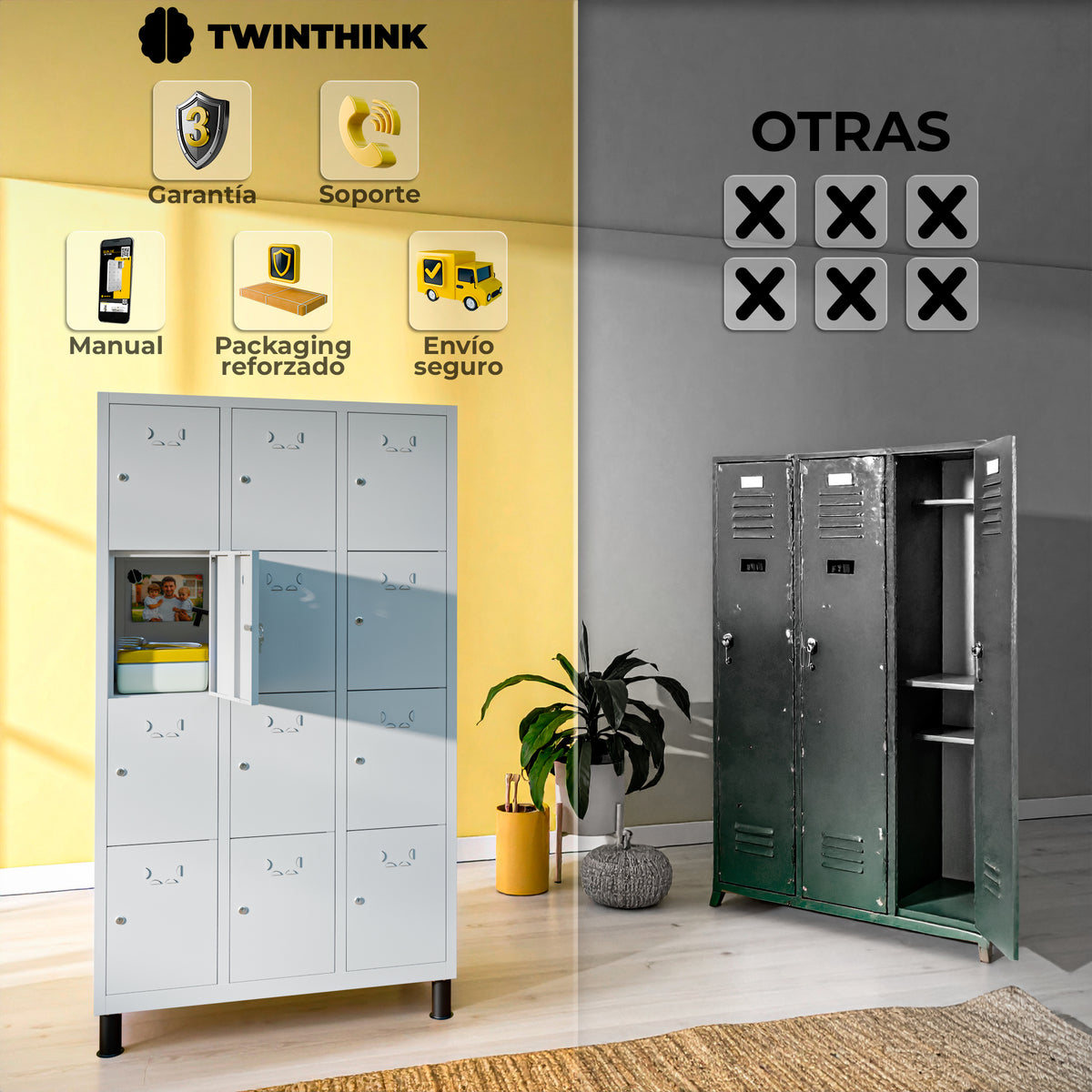 Taquilla metálica 12 puertas 177 x 97 x 40 cm en gris — infografía 2