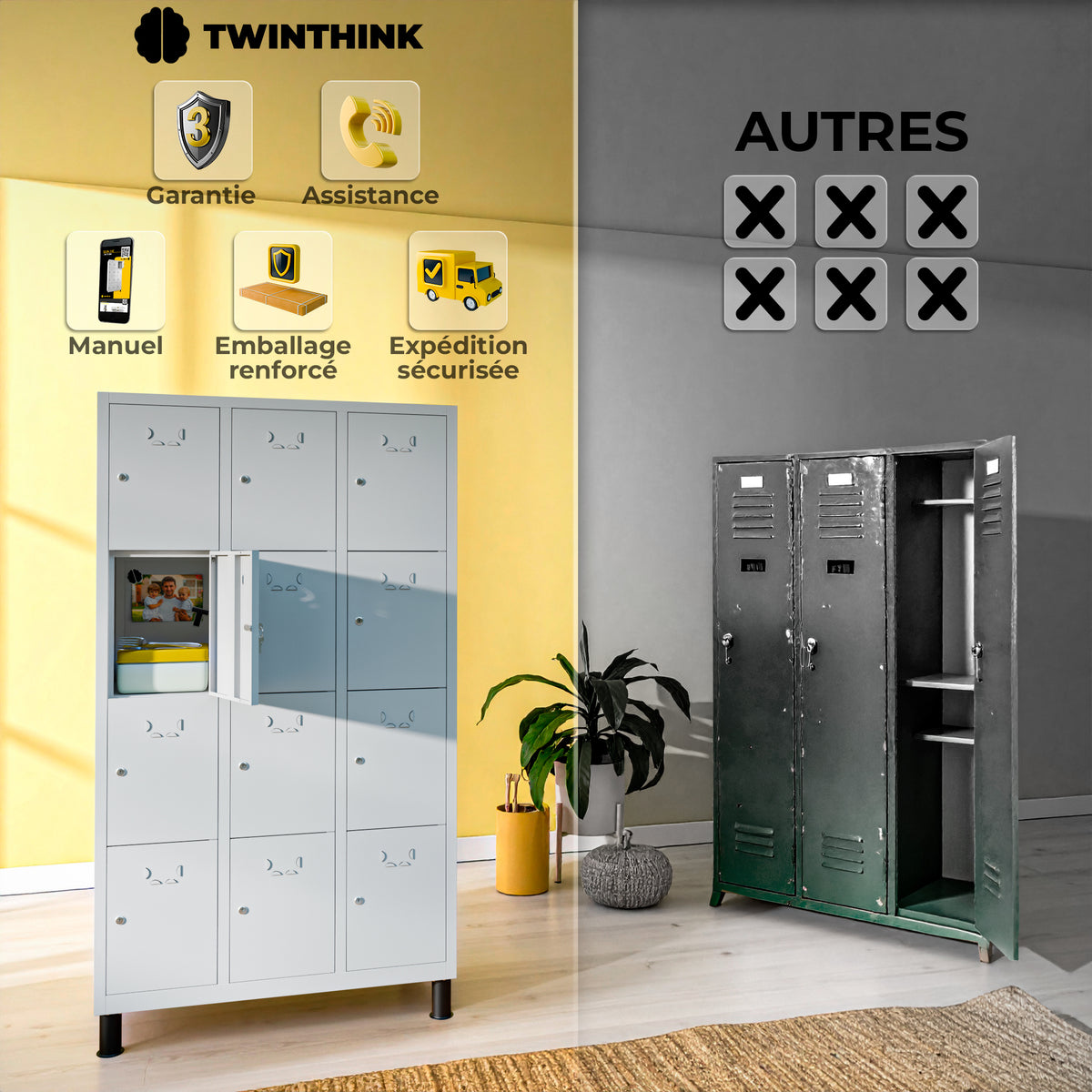 Vestiaire métallique, 12 portes avec clé, 177×97×40 cm en gris Urban Grey — infographie 2