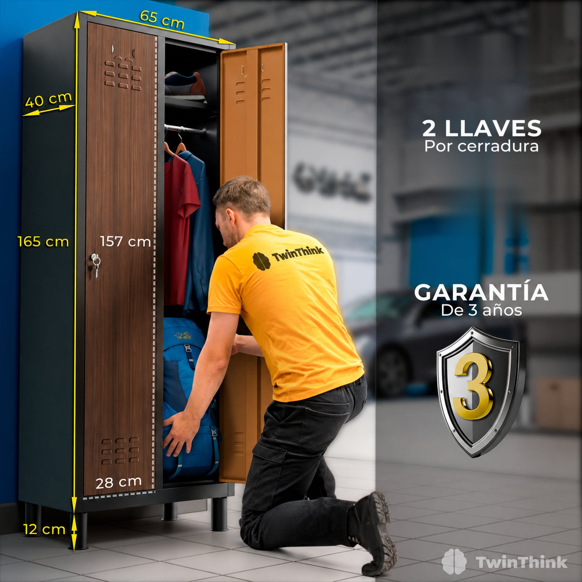 Taquilla metálica 2 puertas 177 x 65 x 40 cm en efecto madera — infografía 1