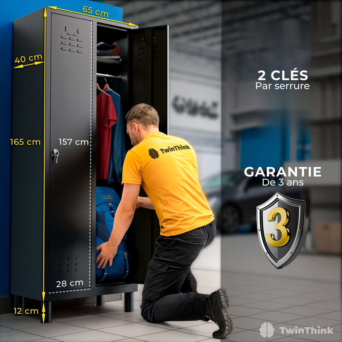Vestiaire métallique, 2 portes avec clé, 177×65×40 cm en noir Polar Black — infographie 1
