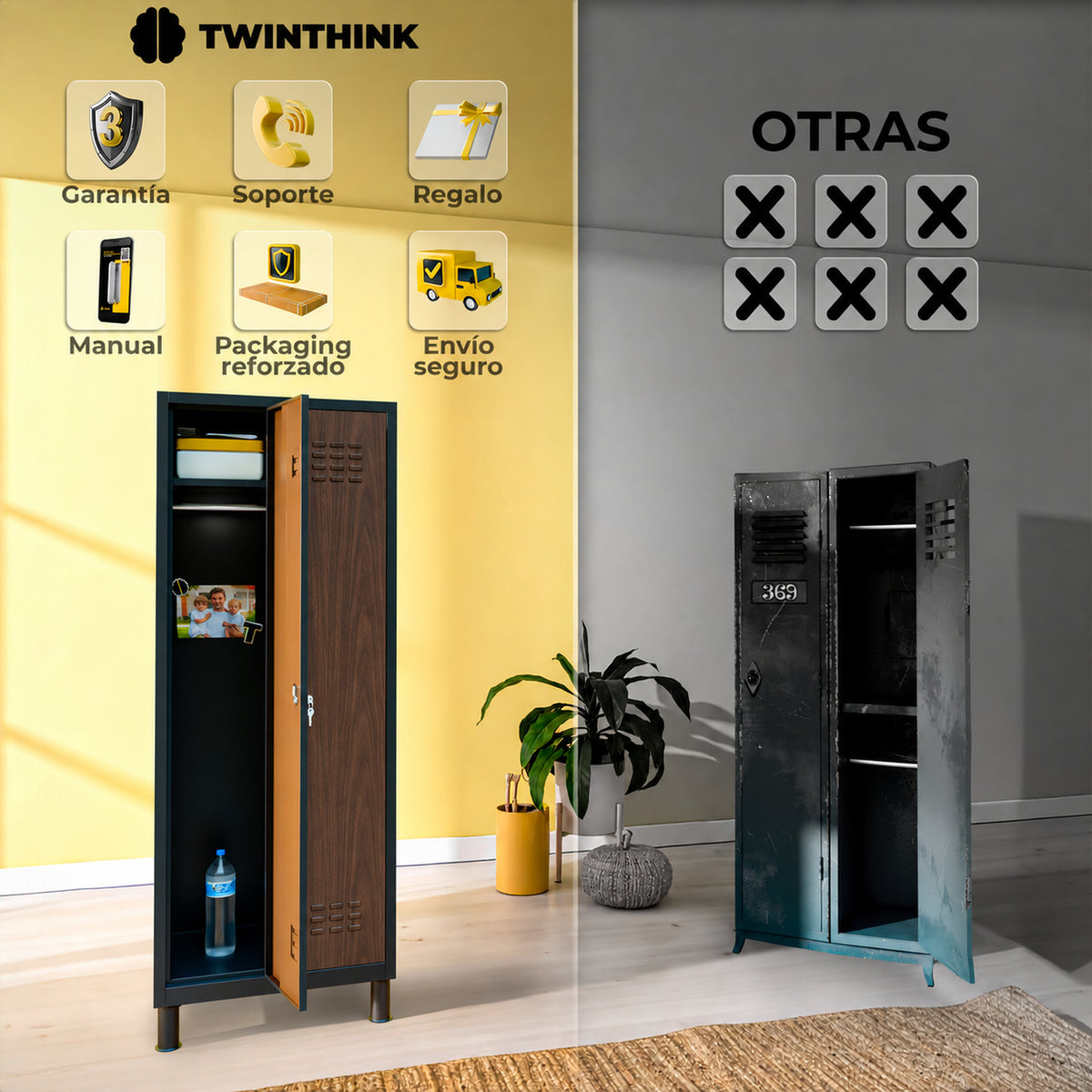 Taquilla metálica 2 puertas 177 x 65 x 40 cm en efecto madera — infografía 2