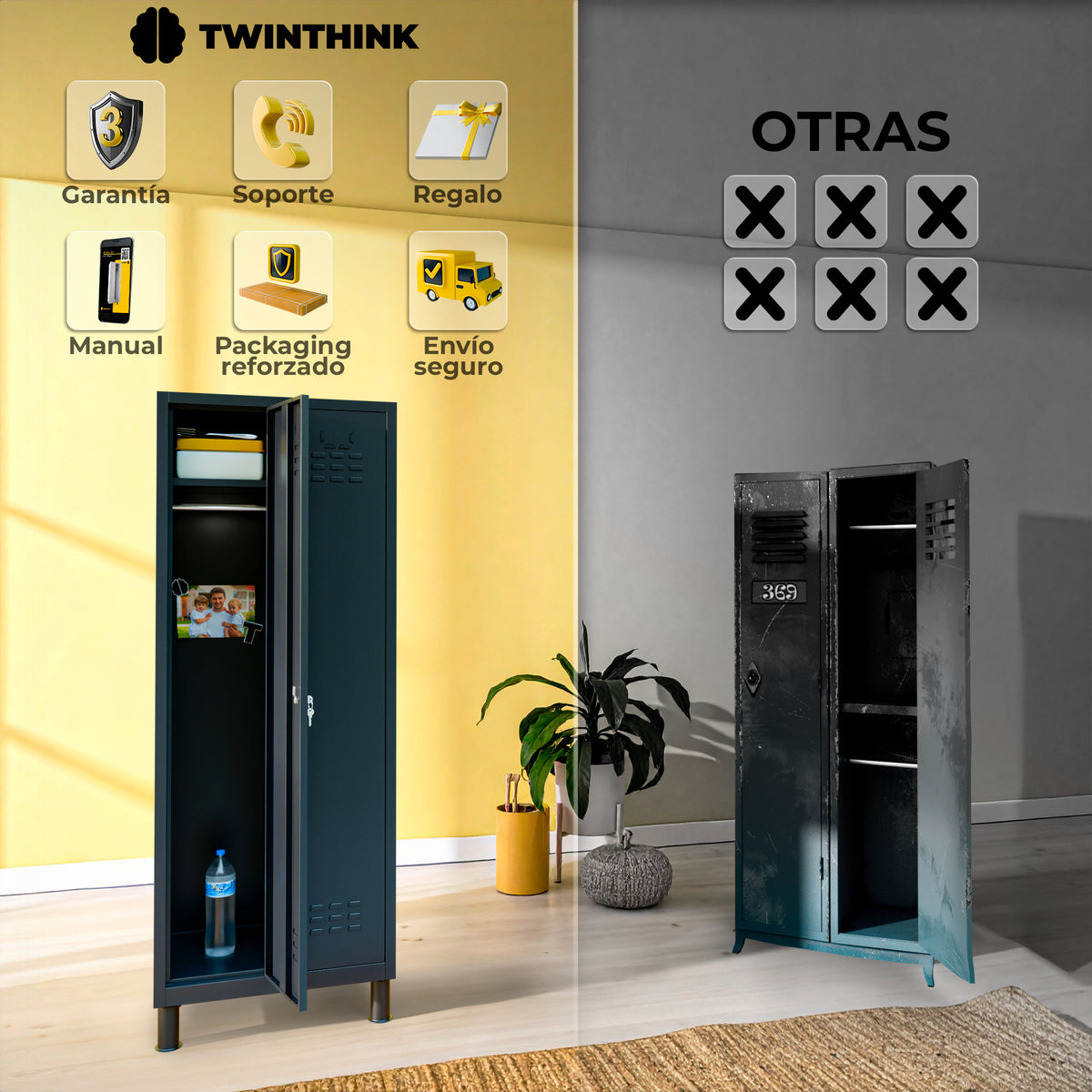 Taquilla metálica 2 puertas 177 x 65 x 40 cm en negro — infografía 2