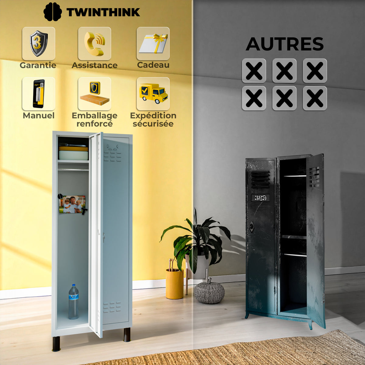 Vestiaire métallique, 2 portes avec clé, 177×65×40 cm en gris Urban Grey — infographie 2