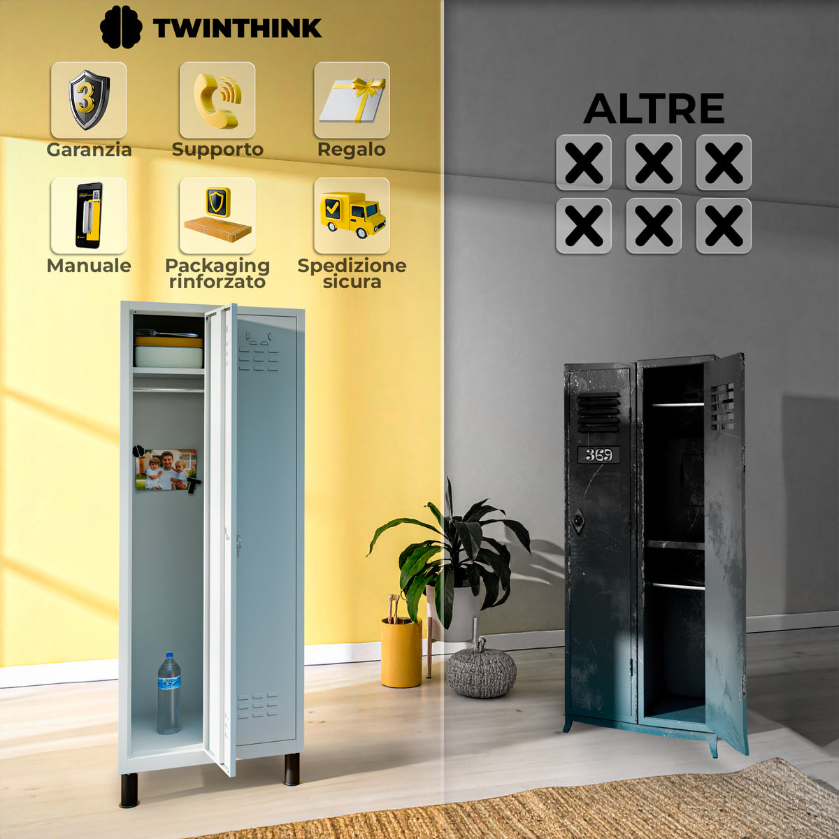 Armadietto metallico, 2 ante con chiave, 177×65×40 cm in grigio Urban Grey — infografica 2