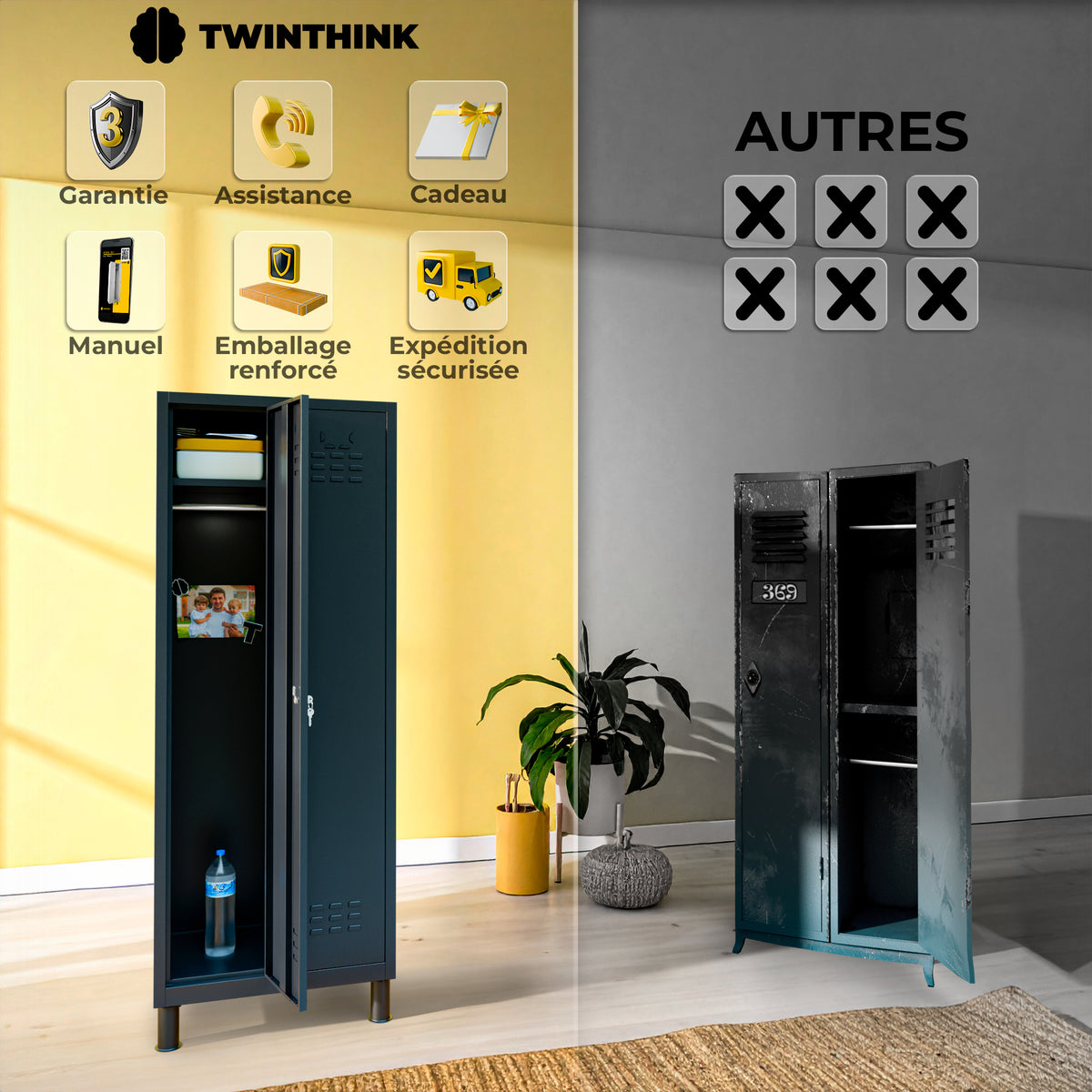 Vestiaire métallique, 2 portes avec clé, 177×65×40 cm en noir Polar Black — infographie 2