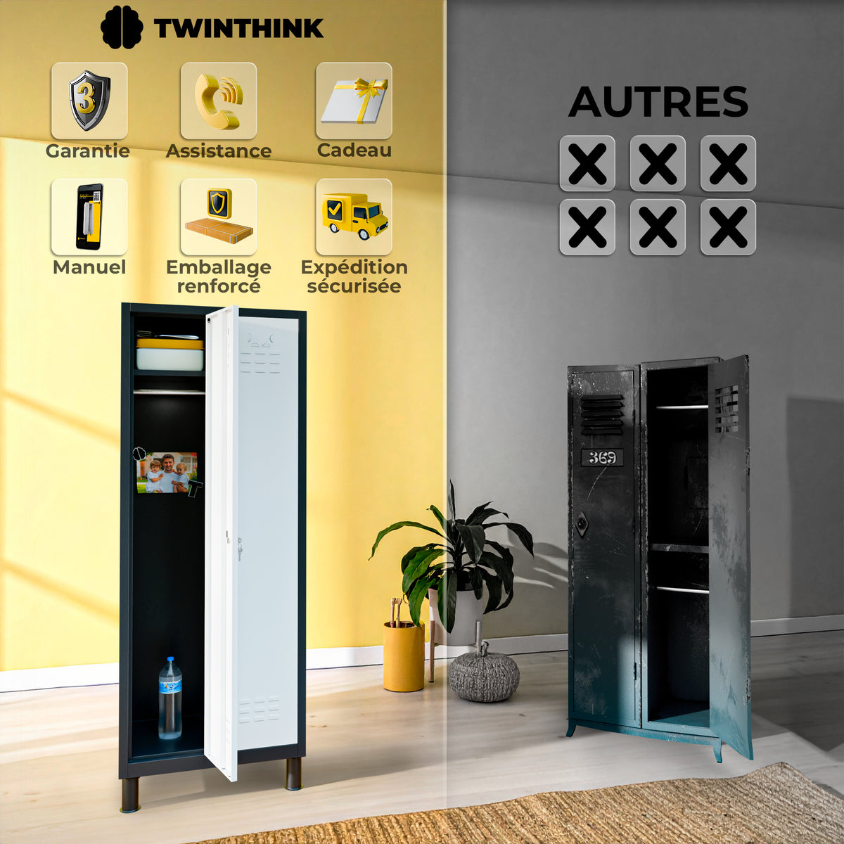 Vestiaire métallique, 2 portes avec clé, 177×65×40 cm en noir et blanc Eclipse — infographie 2