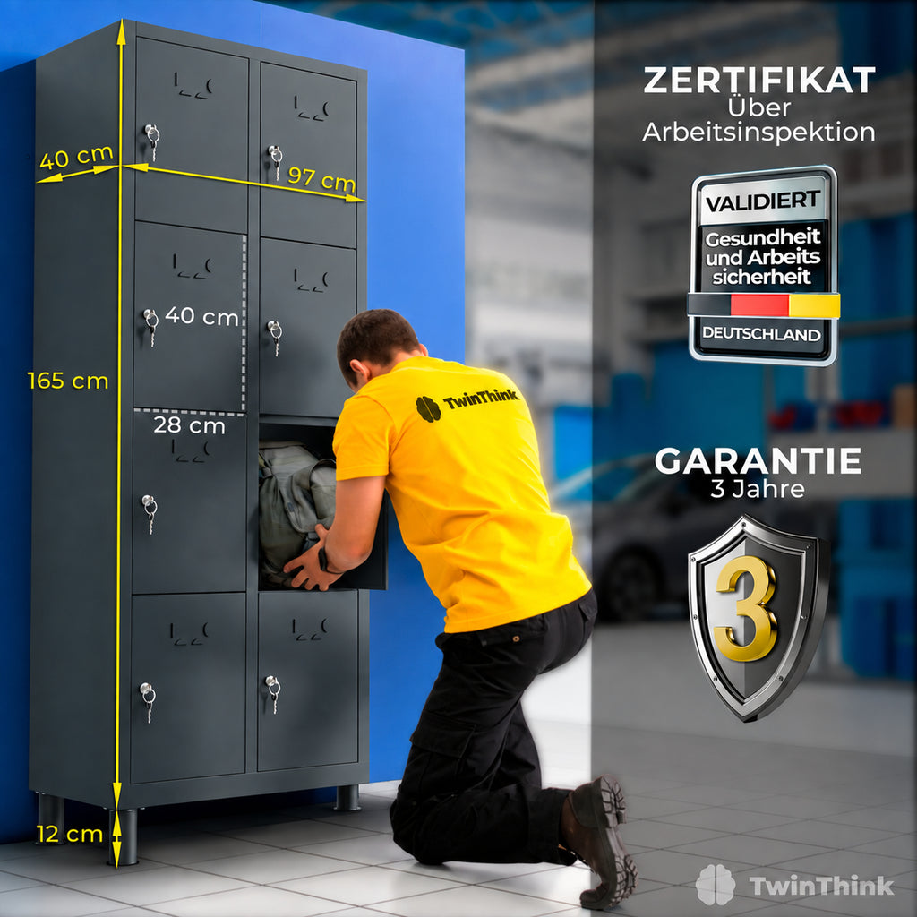 [color:antracita][lang:de] Metallspind, 8 Türen mit Schlüssel, 177×65×40 cm in Anthrazit — Infografik 1