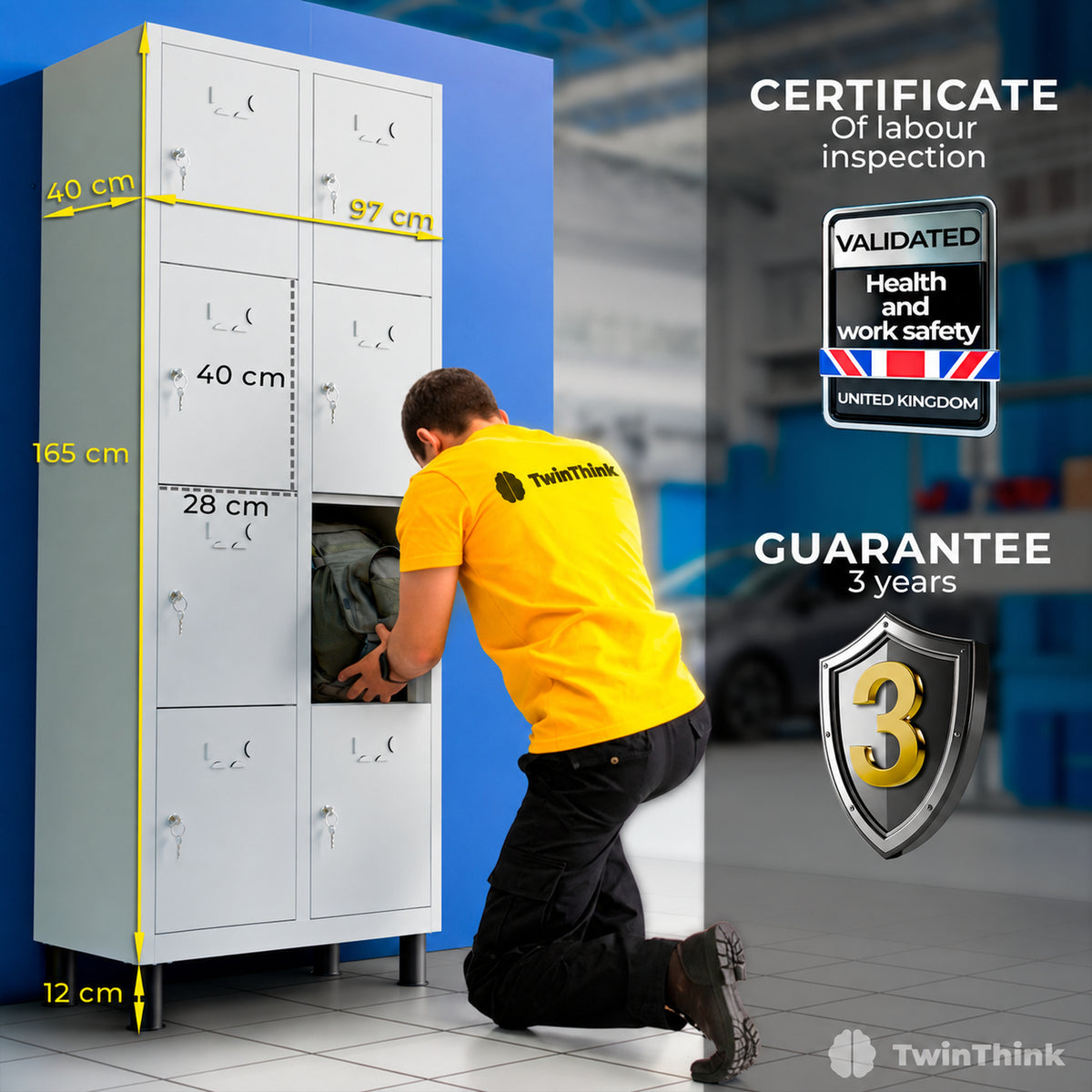 [color:lunar-white][lang:en] Metal locker, 8 doors with key, 177×65×40 cm in Lunar White — infographic 1
