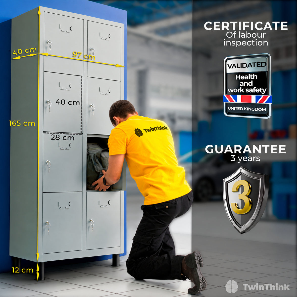 [color:urban-grey][lang:en] Metal locker, 8 doors with key, 177×65×40 cm in Urban Grey — infographic 1