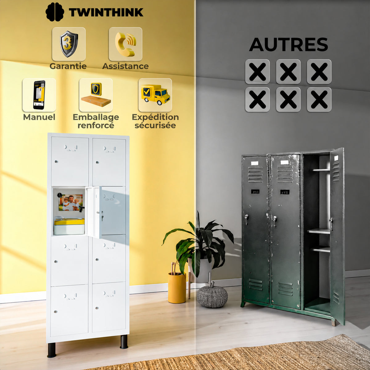 [color:lunar-white][lang:fr] Vestiaire métallique, 8 portes avec clé, 177×65×40 cm en blanc Lunar White — infographie 2