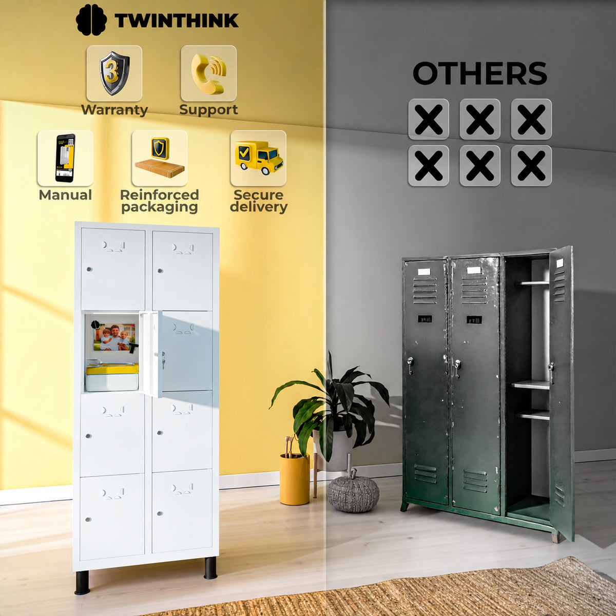 [color:lunar-white][lang:en] Metal locker, 8 doors with key, 177×65×40 cm in Lunar White — infographic 2