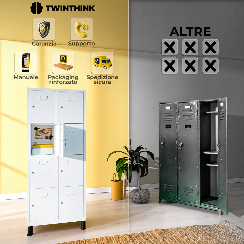 [color:lunar-white][lang:it] Armadietto metallico, 8 ante con chiave, 177×65×40 cm in bianco Lunar White — infografica 2